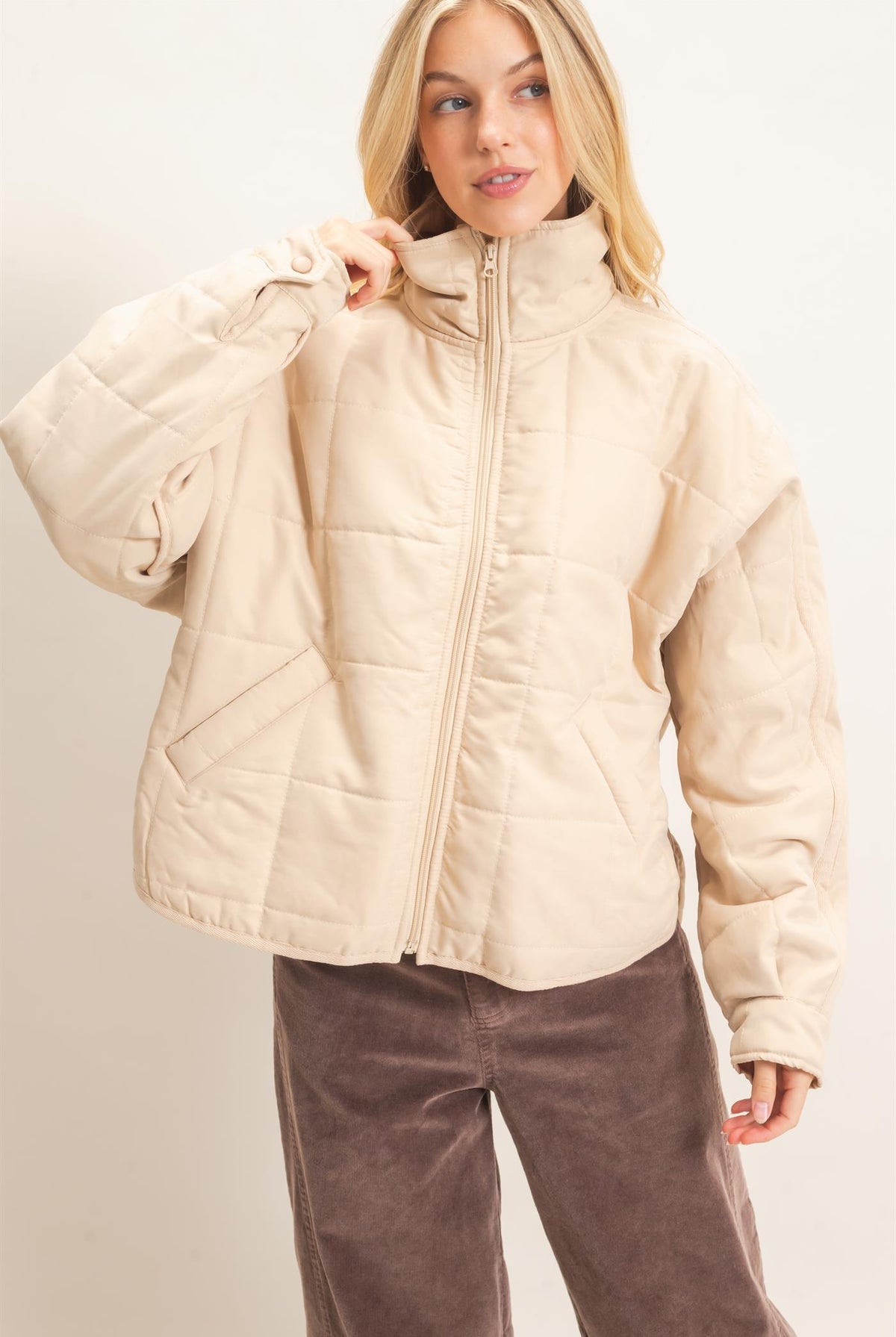 Wholesale Quilted High Collar Jacket Coats & Jackets HF26F167-D BEIGE HYFVE