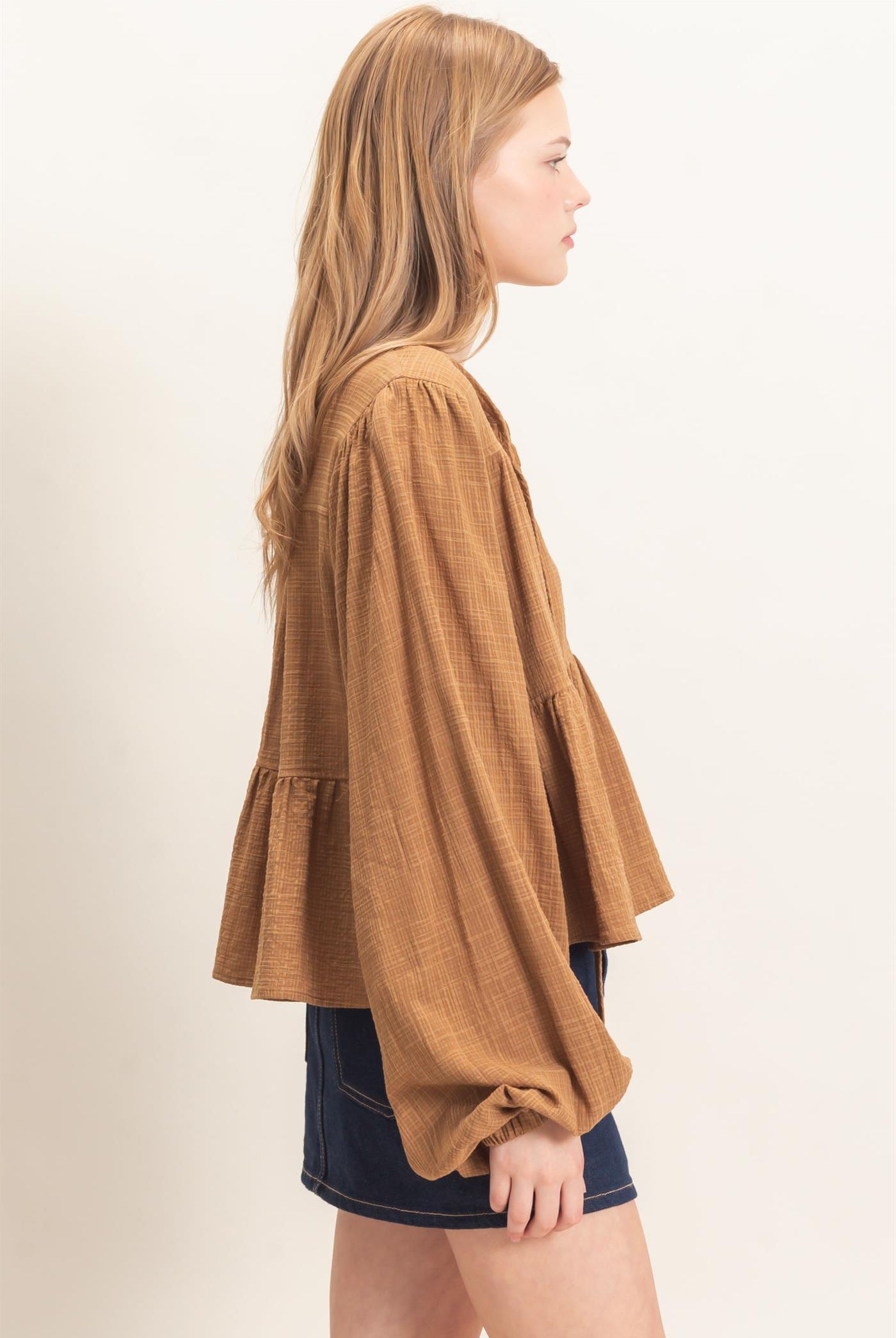 Wholesale Tie Front Peplum Blouse Blouses HF26F065 BROWN HYFVE