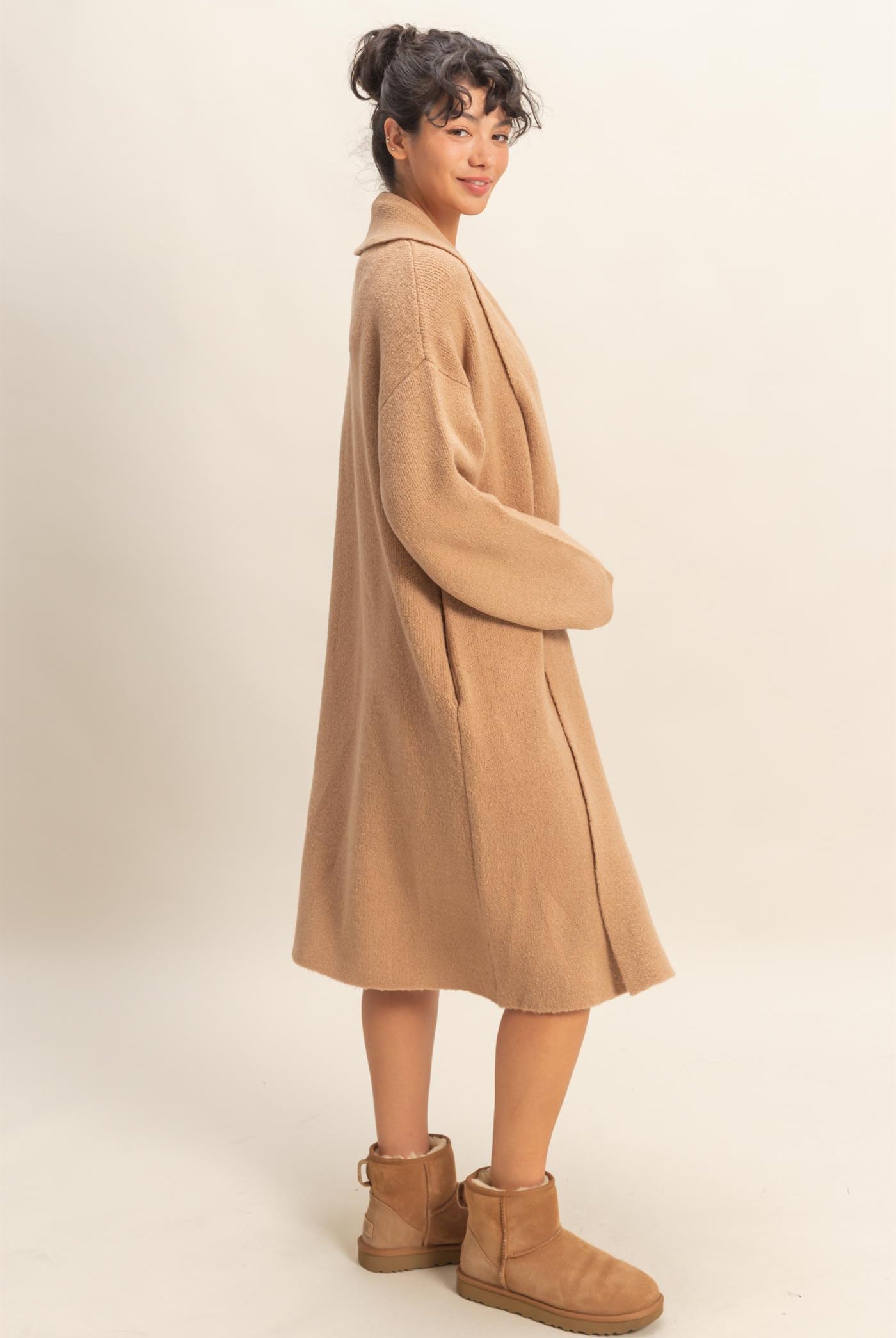 Wholesale Longline Open Front Duster Sweater Cardigans DZ25F435 DARK TAUPE DOUBLE ZERO