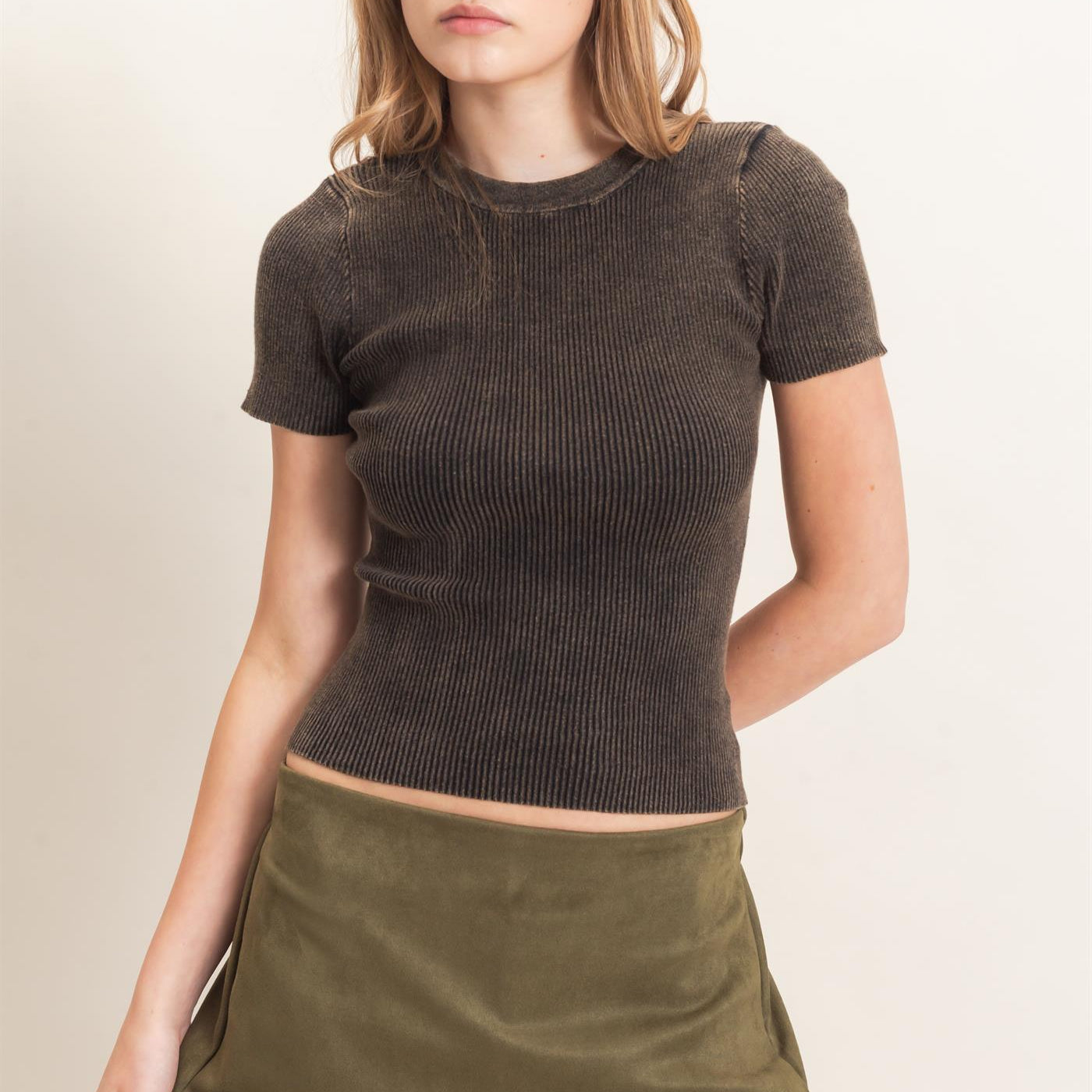 Wholesale Ribbed Crew Neck Top Clothing Tops HF26E473 BLACK HYFVE