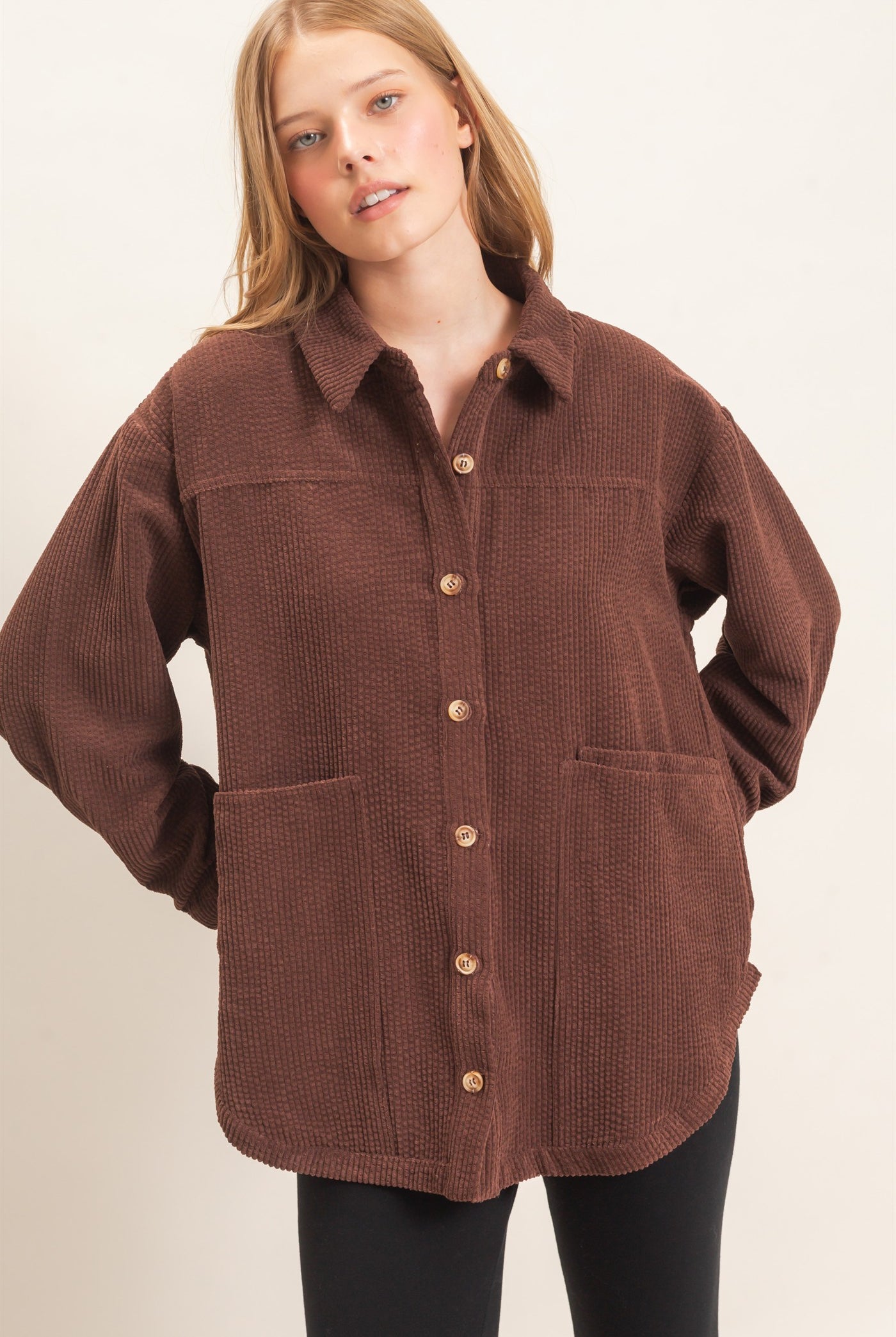 Wholesale Corduroy Button-Up Shirt Outerwear HF26F163 CHOCOLATE HYFVE