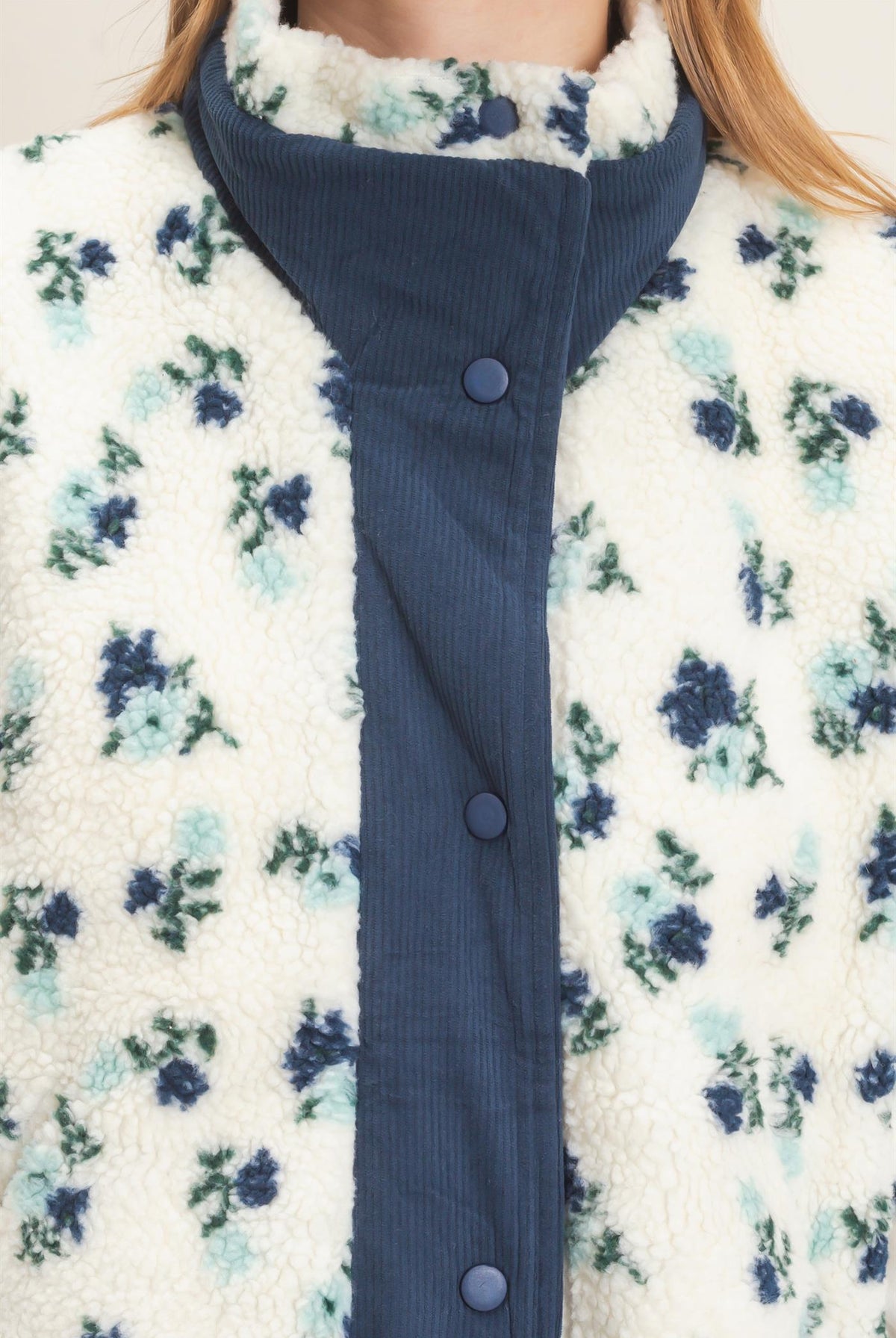 Wholesale Floral Sherpa Vest With Corduroy Vests HF26F073 BLUE HYFVE