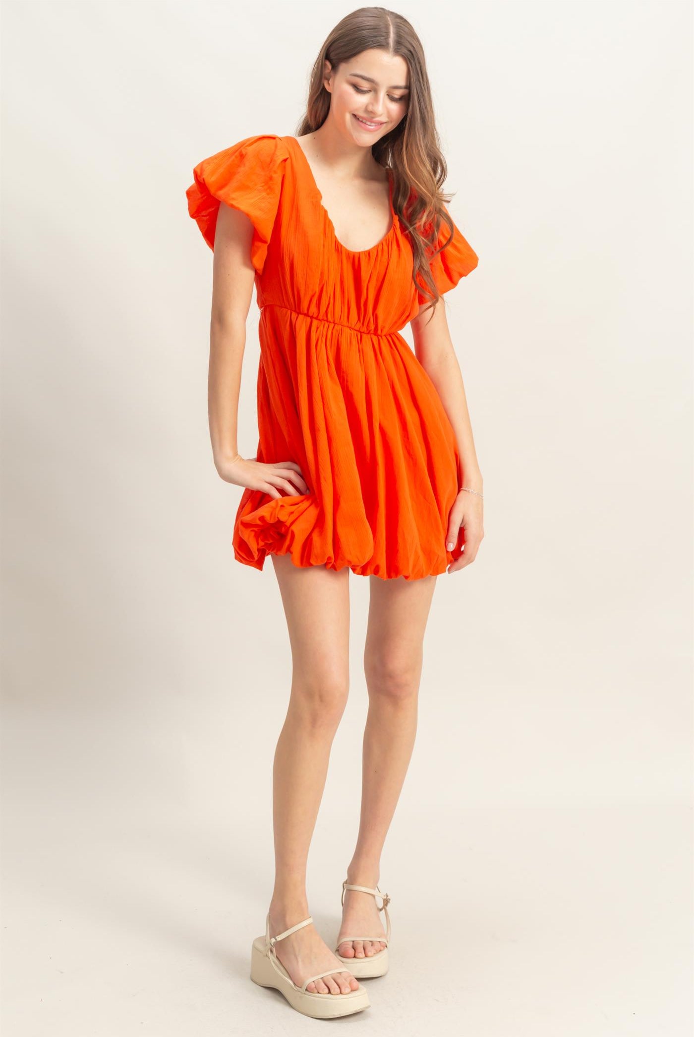 Wholesale V-Neck Puff Sleeve Flowy Mini Dress Dresses HF25A226 RED HYFVE