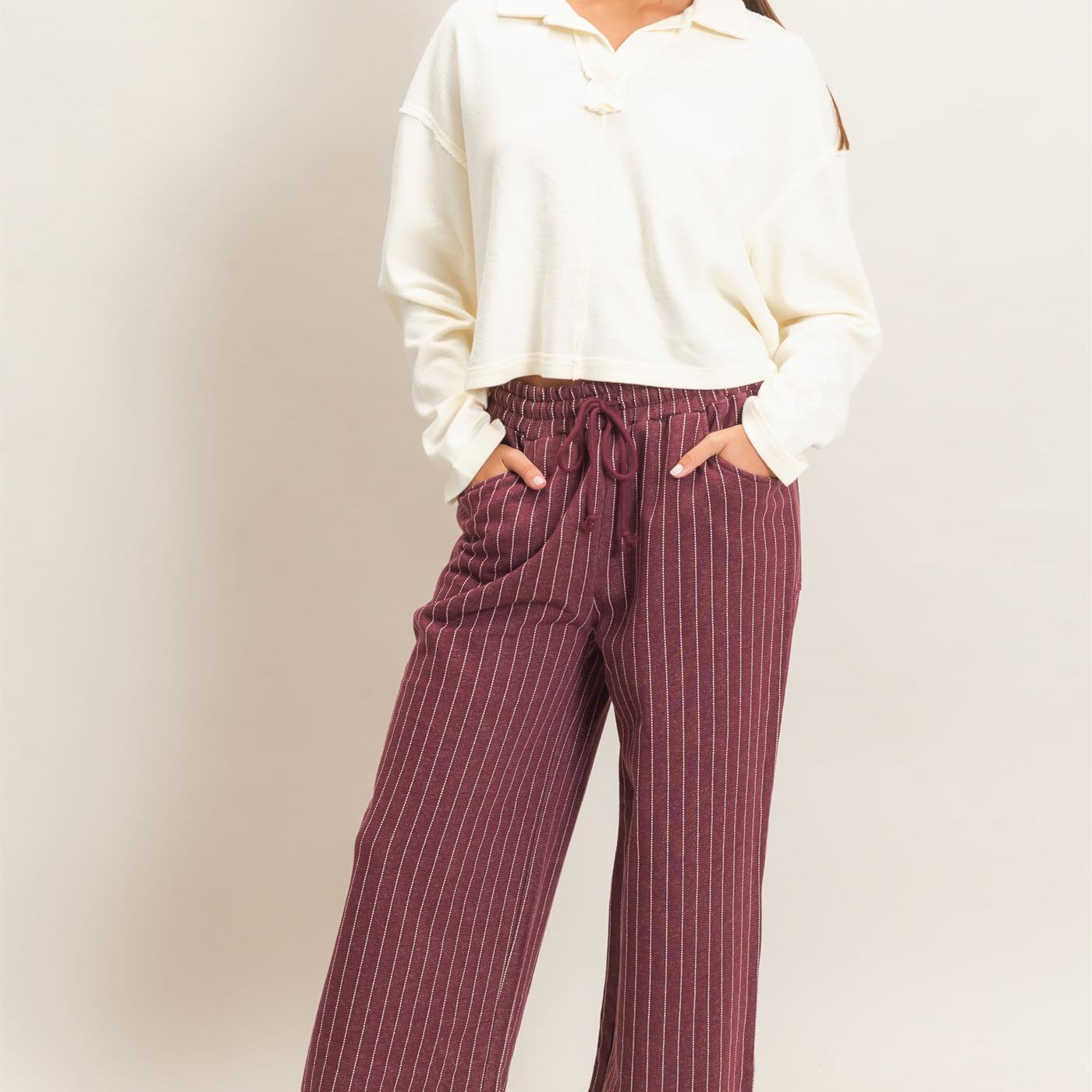 Wholesale Pinstripe Elastic Waist Sweatpants Pants DZ26A813 DARK CHERRY DOUBLE ZERO