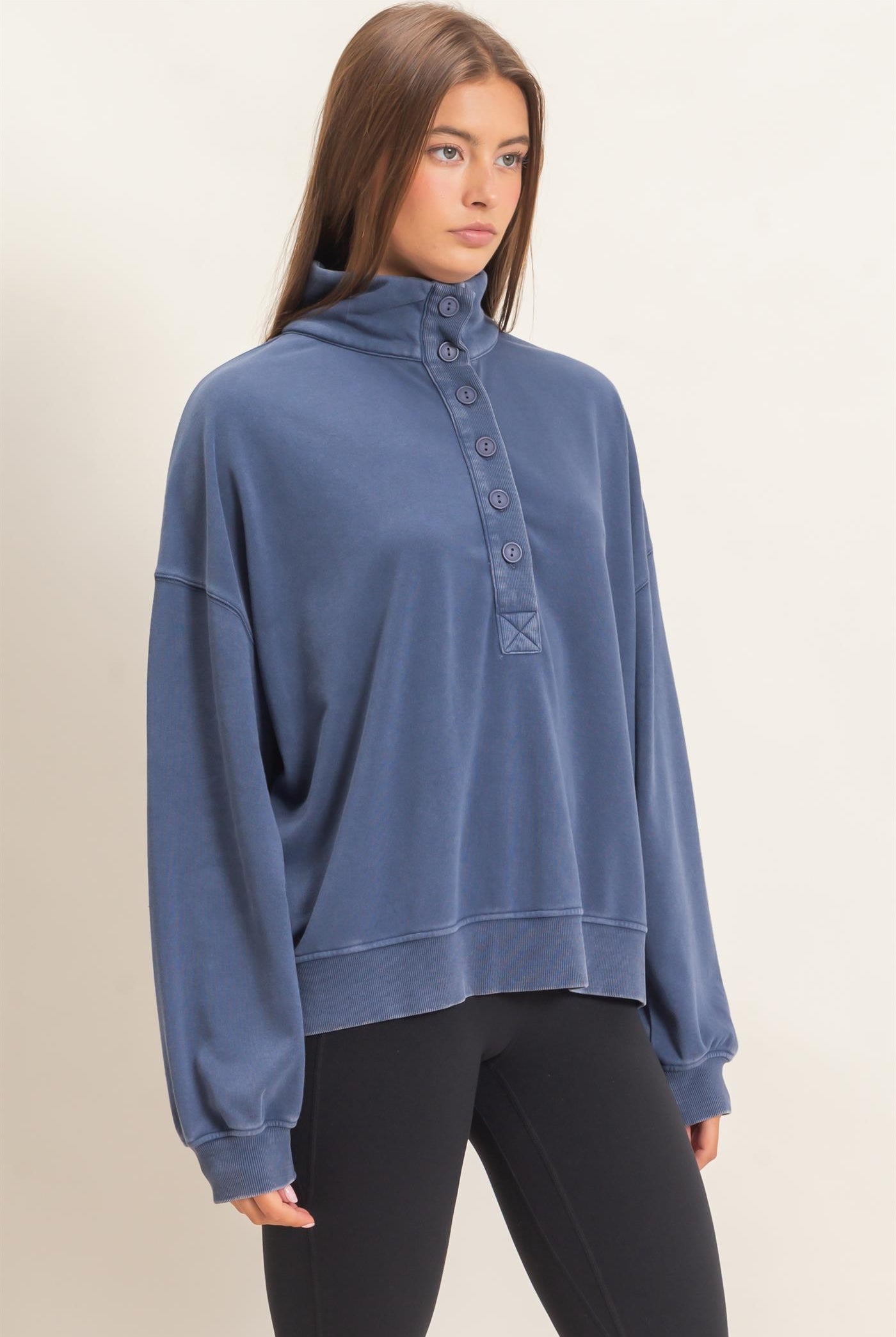 Wholesale Mineral Wash Button Front Sweatshirt Sweatshirts DZ26C909 NAVY DOUBLE ZERO