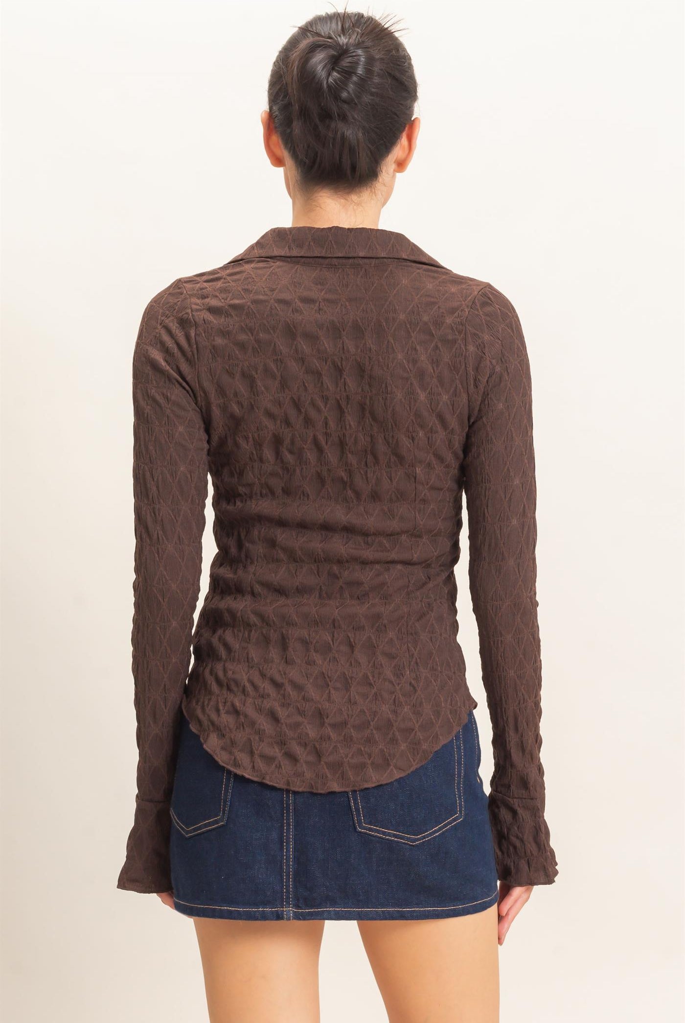 Wholesale Textured Button-Up Collared Top Shirts HF26E062 CHESTNUT HYFVE