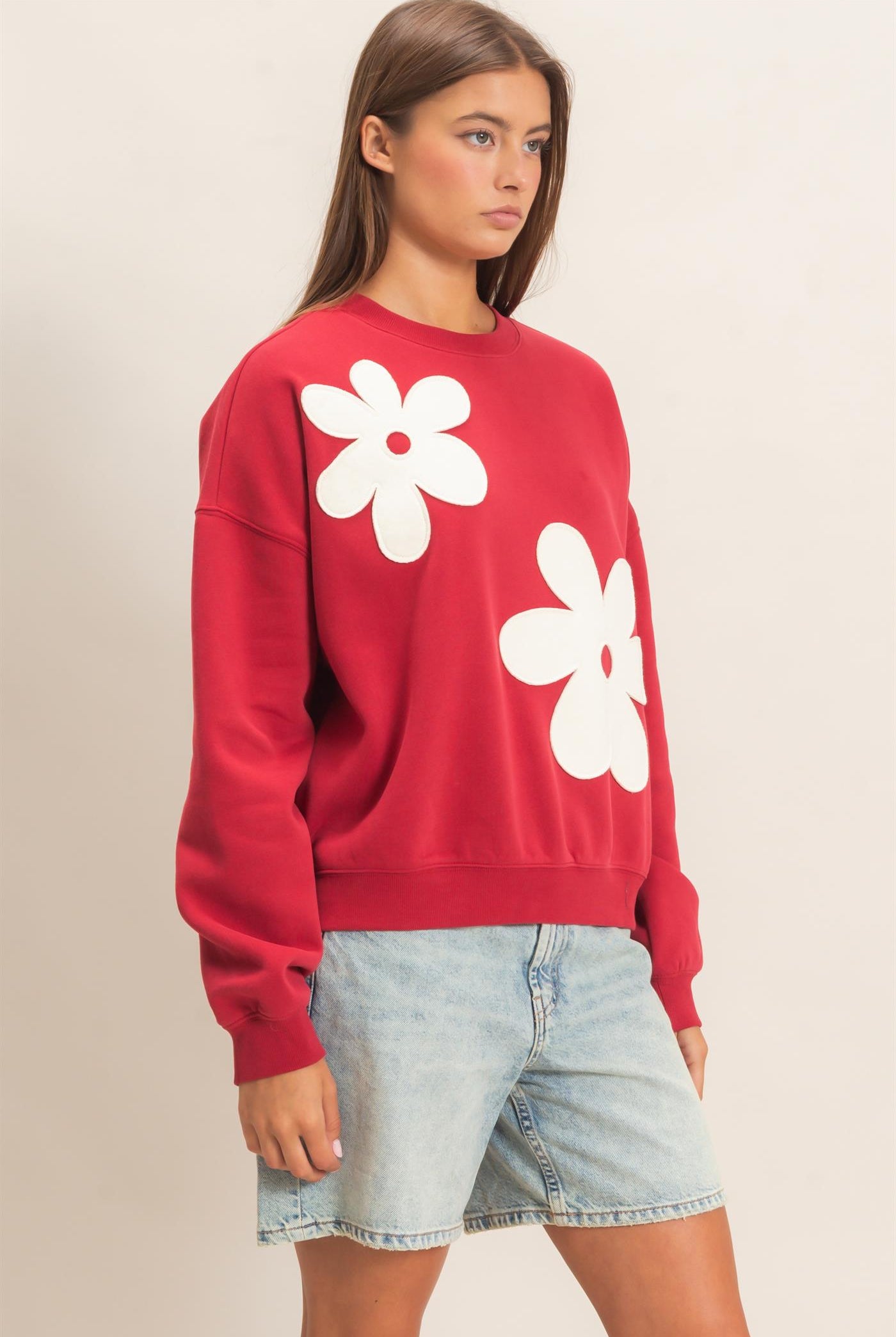 Wholesale Floral Applique Crew Neck Sweatshirt Sweatshirts DZ26E708 DARK RED DOUBLE ZERO