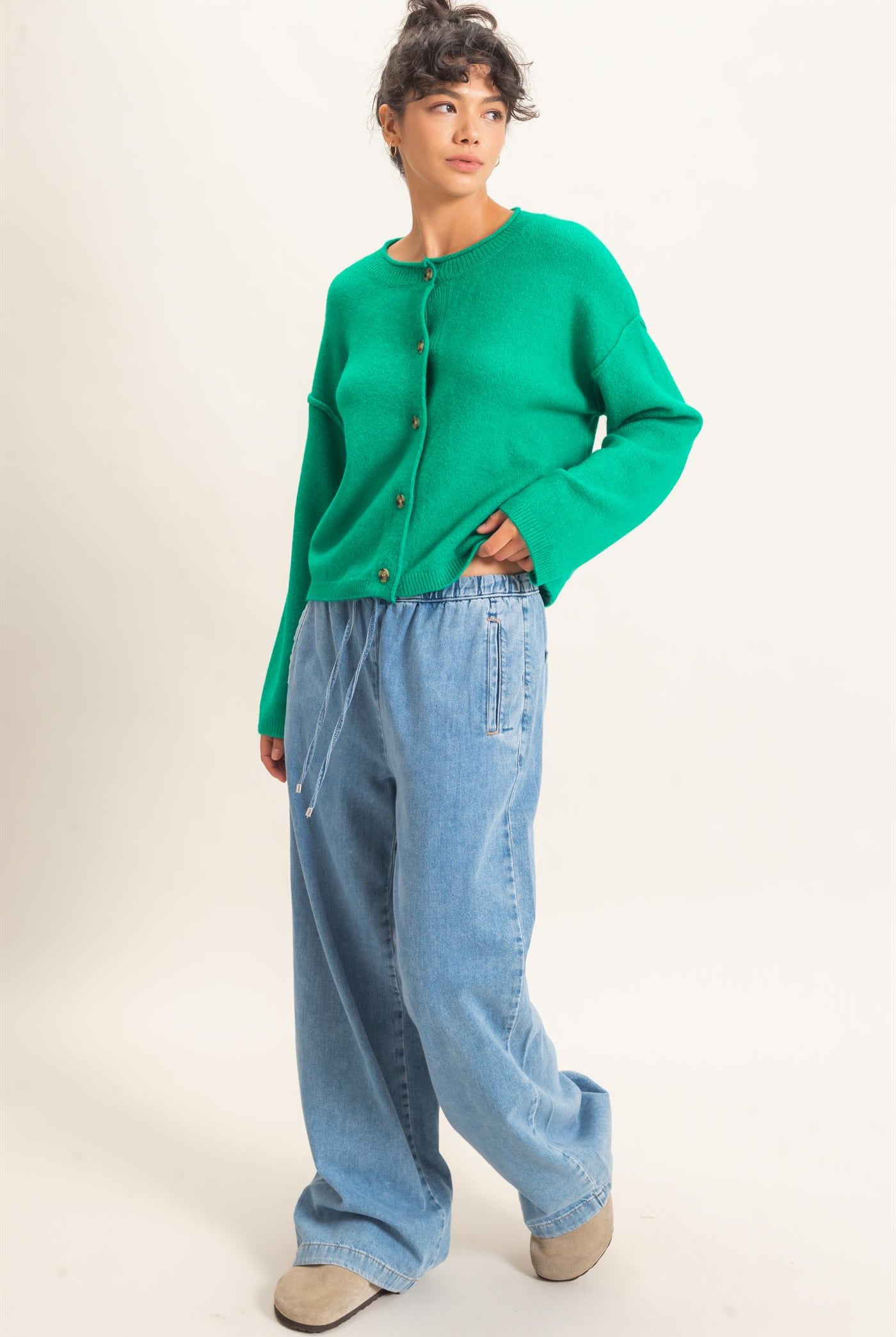 Wholesale Crew Neck Loose Fit Cardigan Cardigans DZ26E269 EMERALD DOUBLE ZERO