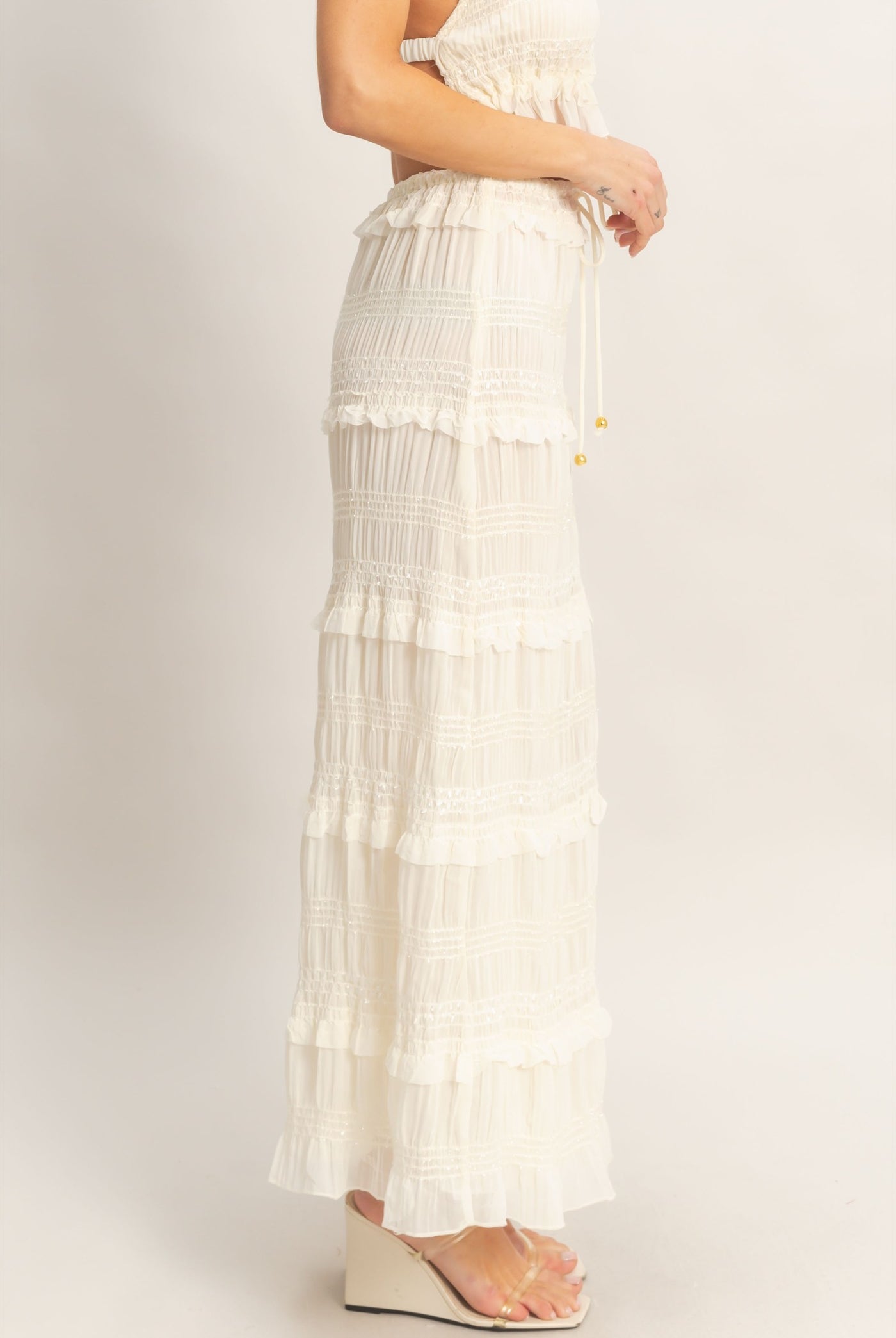 Wholesale Tiered Ruffle Midi Skirt Skirts HF25E833 CREAM HYFVE