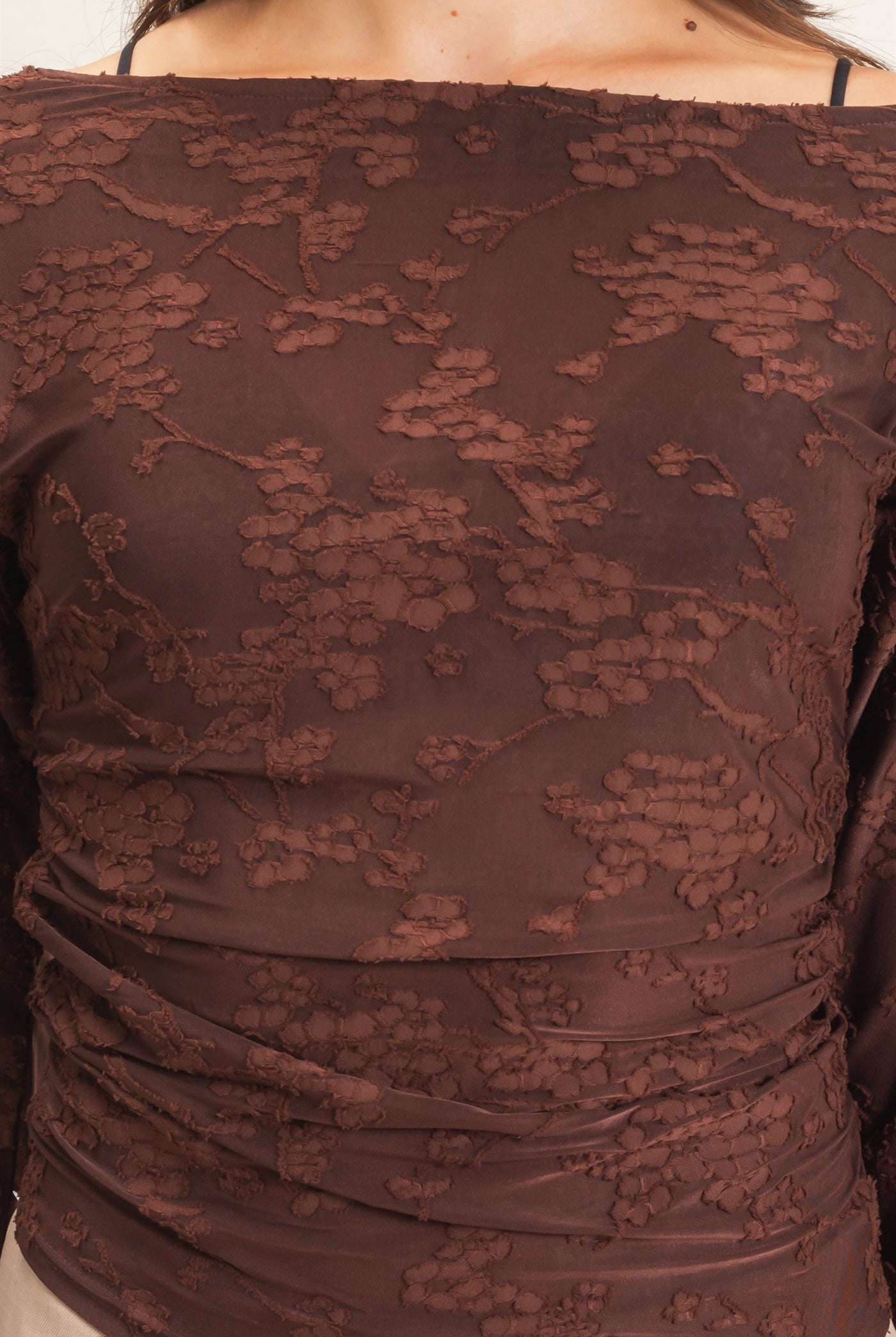 Wholesale Sheer Lace Boat Neck Top Blouses HF26E761 BROWN HYFVE