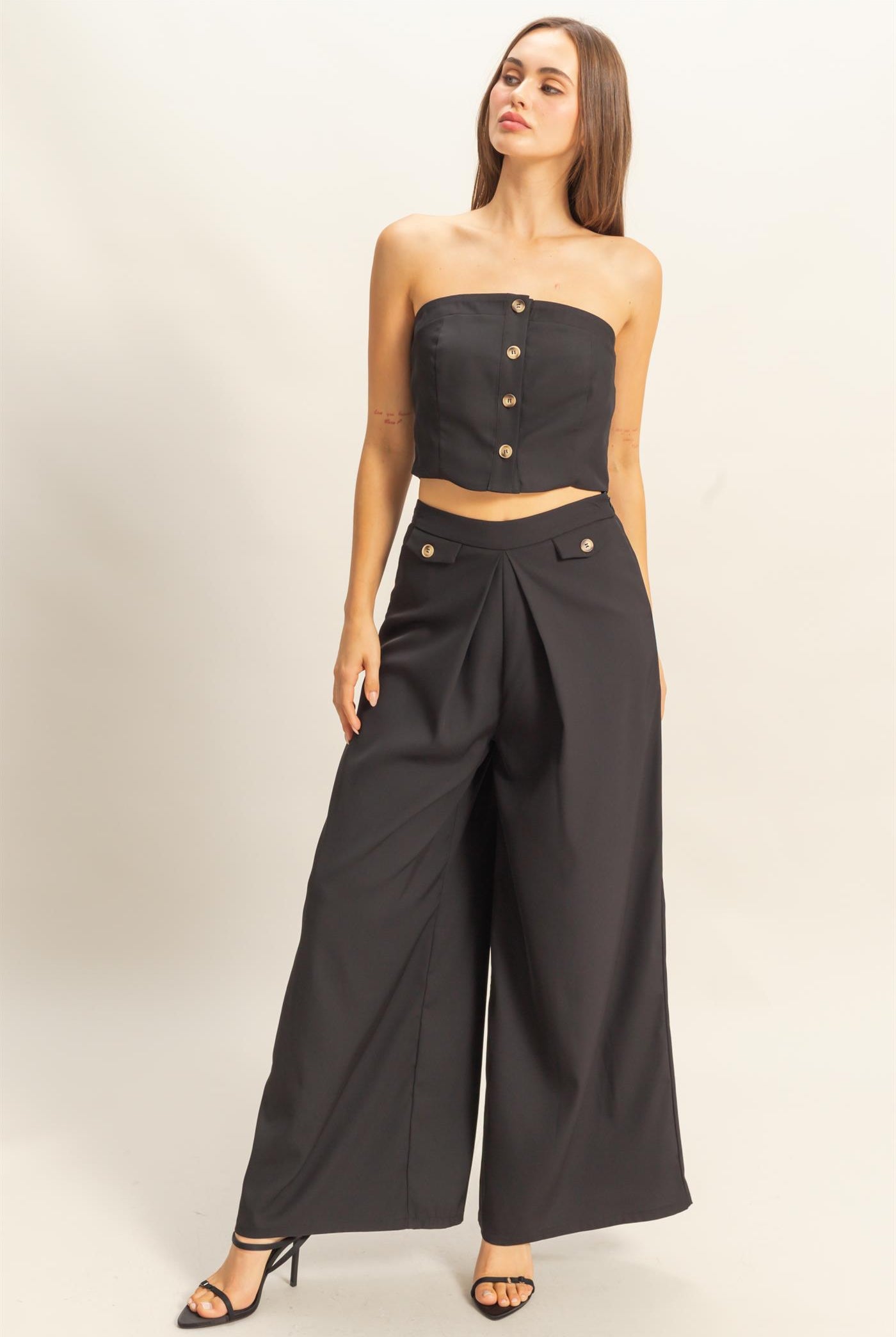 Wholesale Strapless Buttoned Top And Pants Set Clothing HF25E017-SET BLACK HYFVE