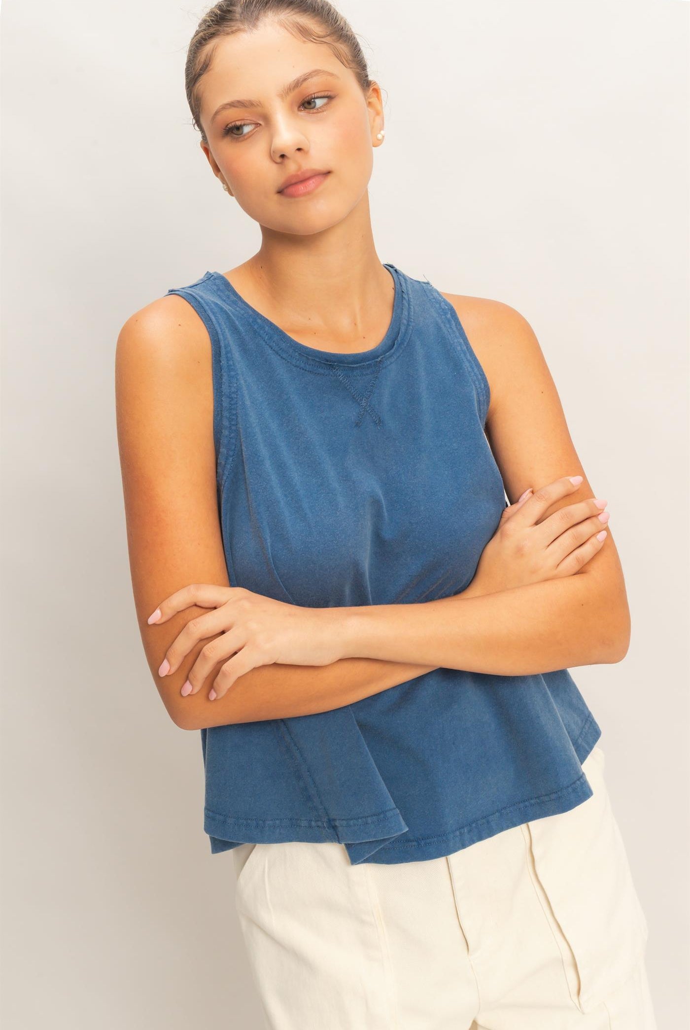 Wholesale Raw Edge Details Sleeveless Washed Top Clothing Tops DZ26E278 NAVY DOUBLE ZERO