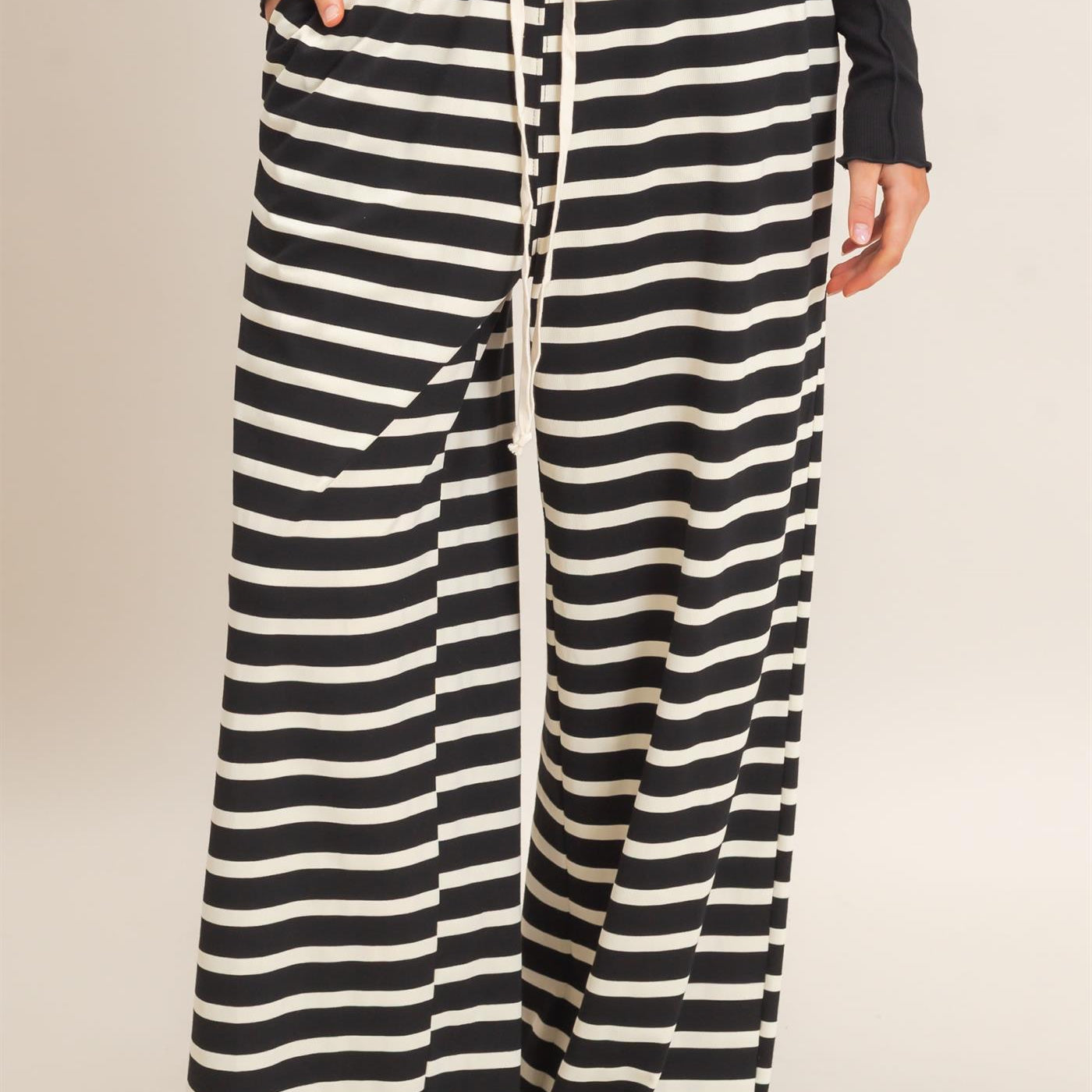 Wholesale Striped Wide-Leg Pants Pants HF26F229-D BLACK/ CREAM HYFVE
