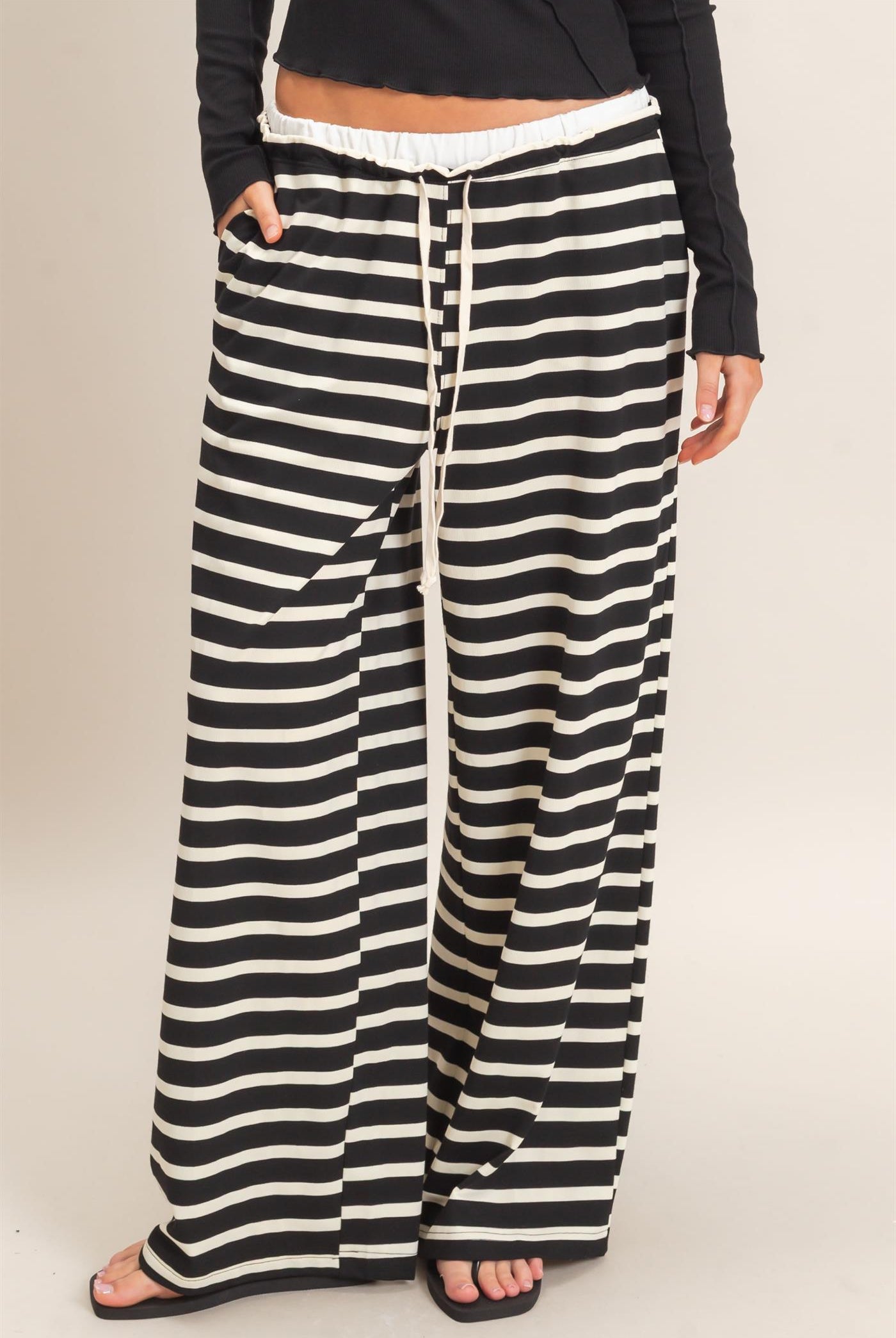 Wholesale Striped Wide-Leg Pants Pants HF26F229-D BLACK/ CREAM HYFVE