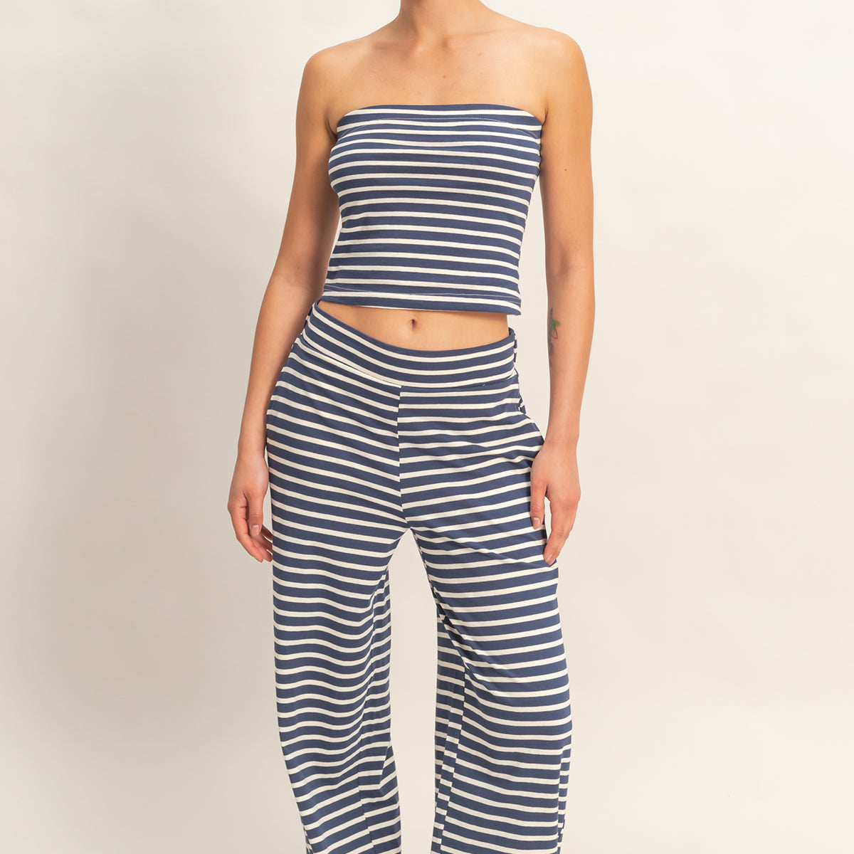 Wholesale Striped Jersey Tube Top And Pants Set Clothing DZ26C621-SET NAVY DOUBLE ZERO