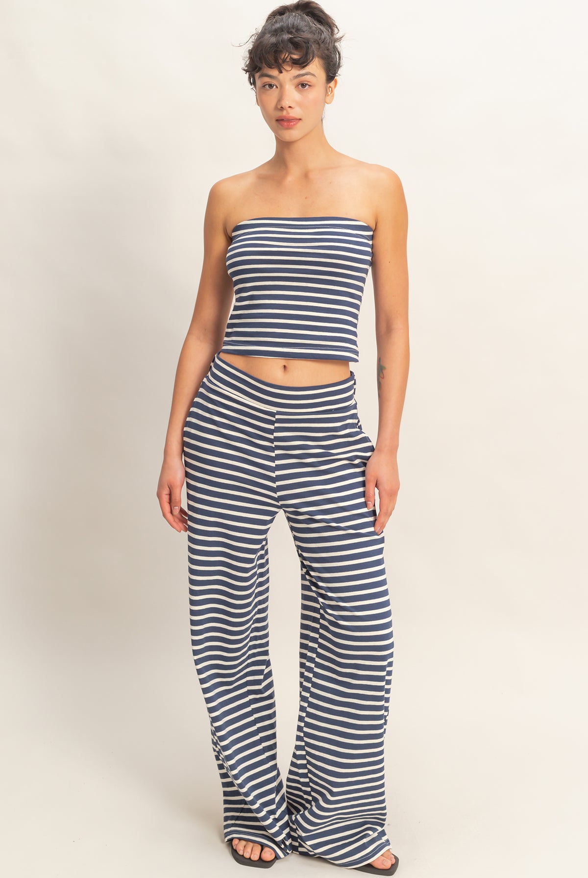 Wholesale Striped Jersey Tube Top And Pants Set Clothing DZ26C621-SET NAVY DOUBLE ZERO