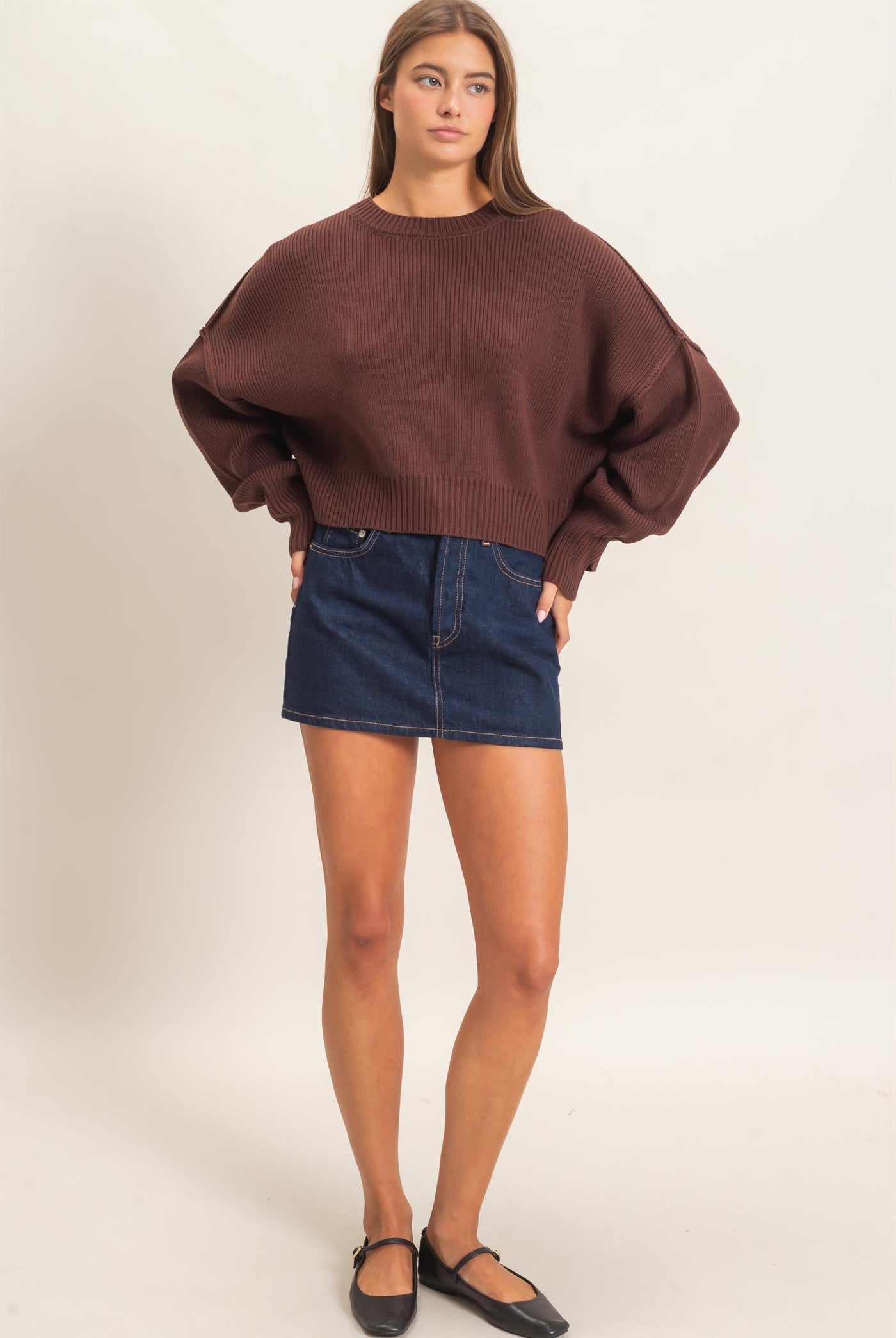 Wholesale Ribbed Drop Shoulder Sweater Sweaters DZ26C982 DARK BROWN DOUBLE ZERO