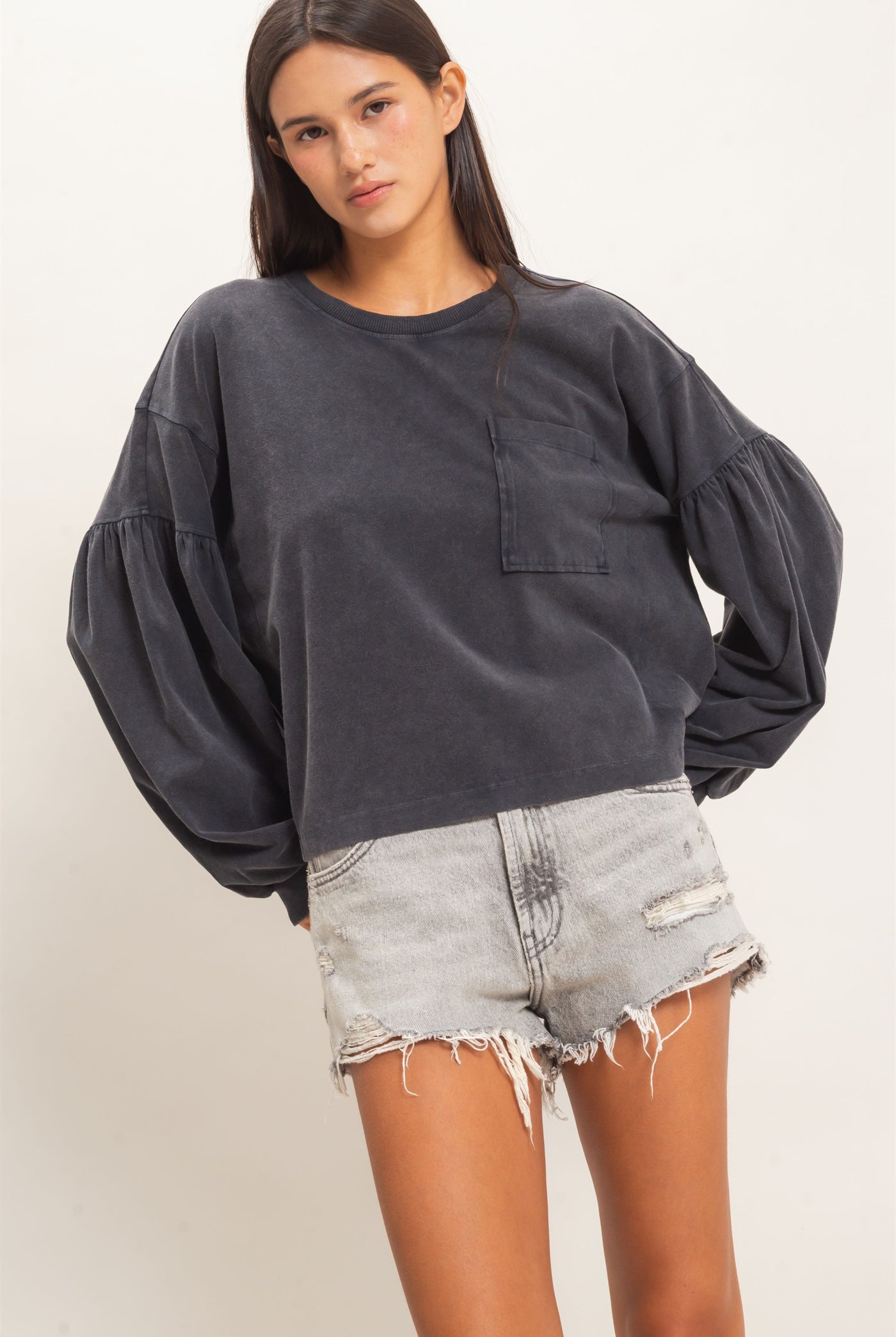 Wholesale Mineral Wash Puff Long Sleeve Boxy Top Clothing Tops DZ26F402 BLACK DOUBLE ZERO