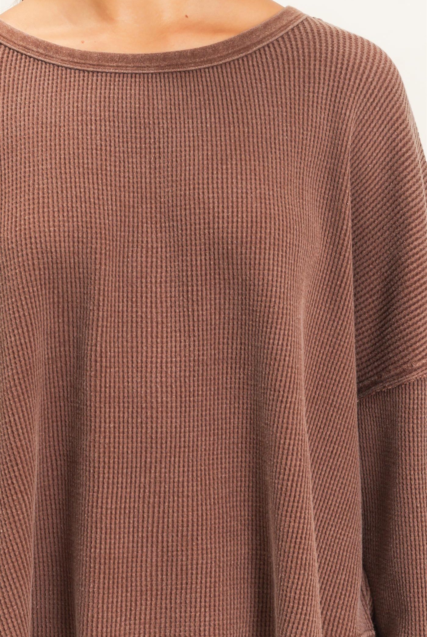Wholesale Mineral Wash Waffle Oversized Top Clothing Tops DZ26E248 DARK BROWN DOUBLE ZERO