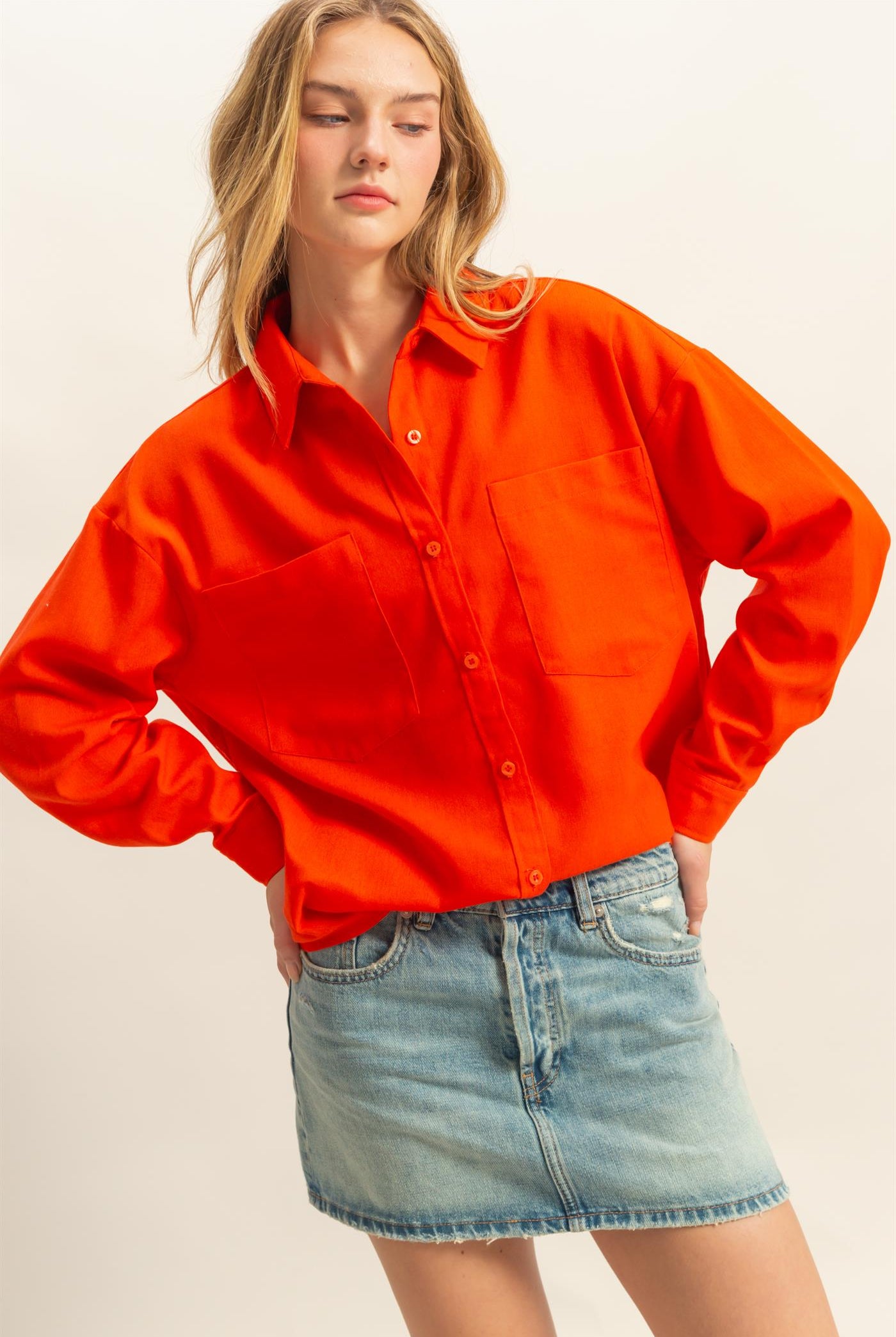Wholesale Sand Washed Relaxed Long Sleeve Shirt Clothing Tops DZ24C609 TOMATO DOUBLE ZERO