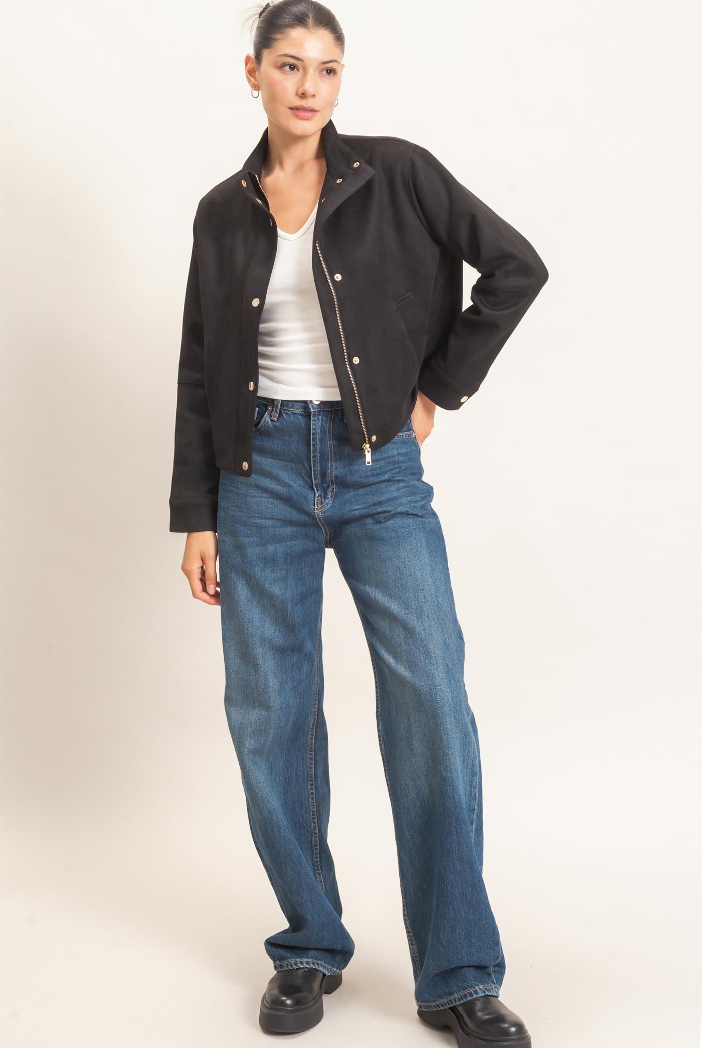 Wholesale Collar Suede Snap Jacket Coats & Jackets HF26E373 BLACK HYFVE