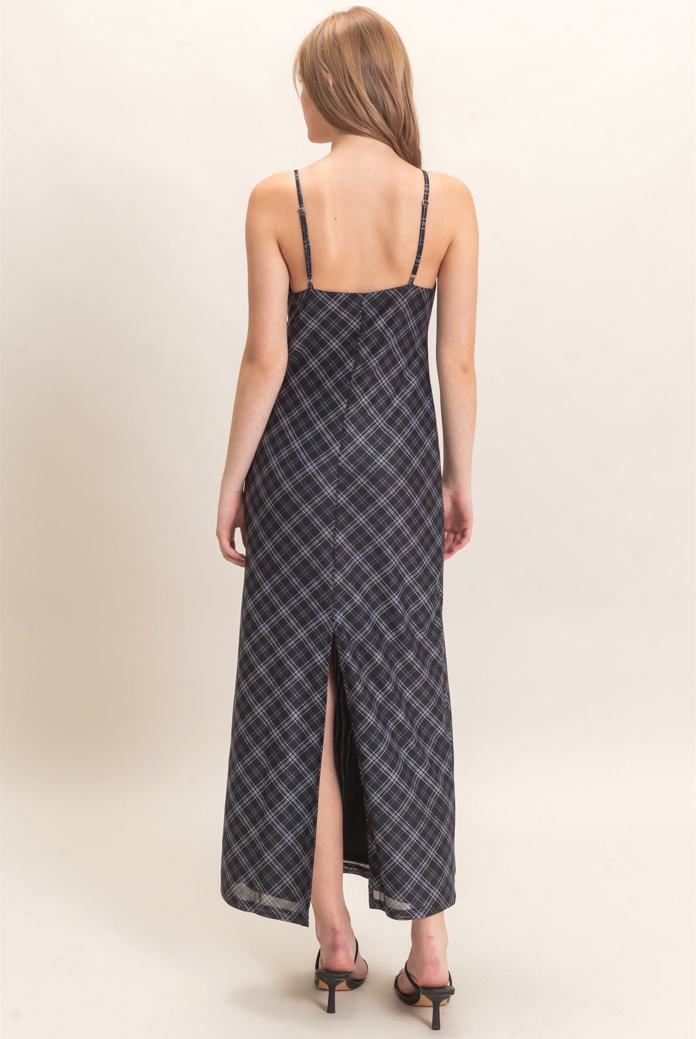 Wholesale Plaid Spaghetti Strap Midi Dress Dresses HF26E709 BLACK HYFVE
