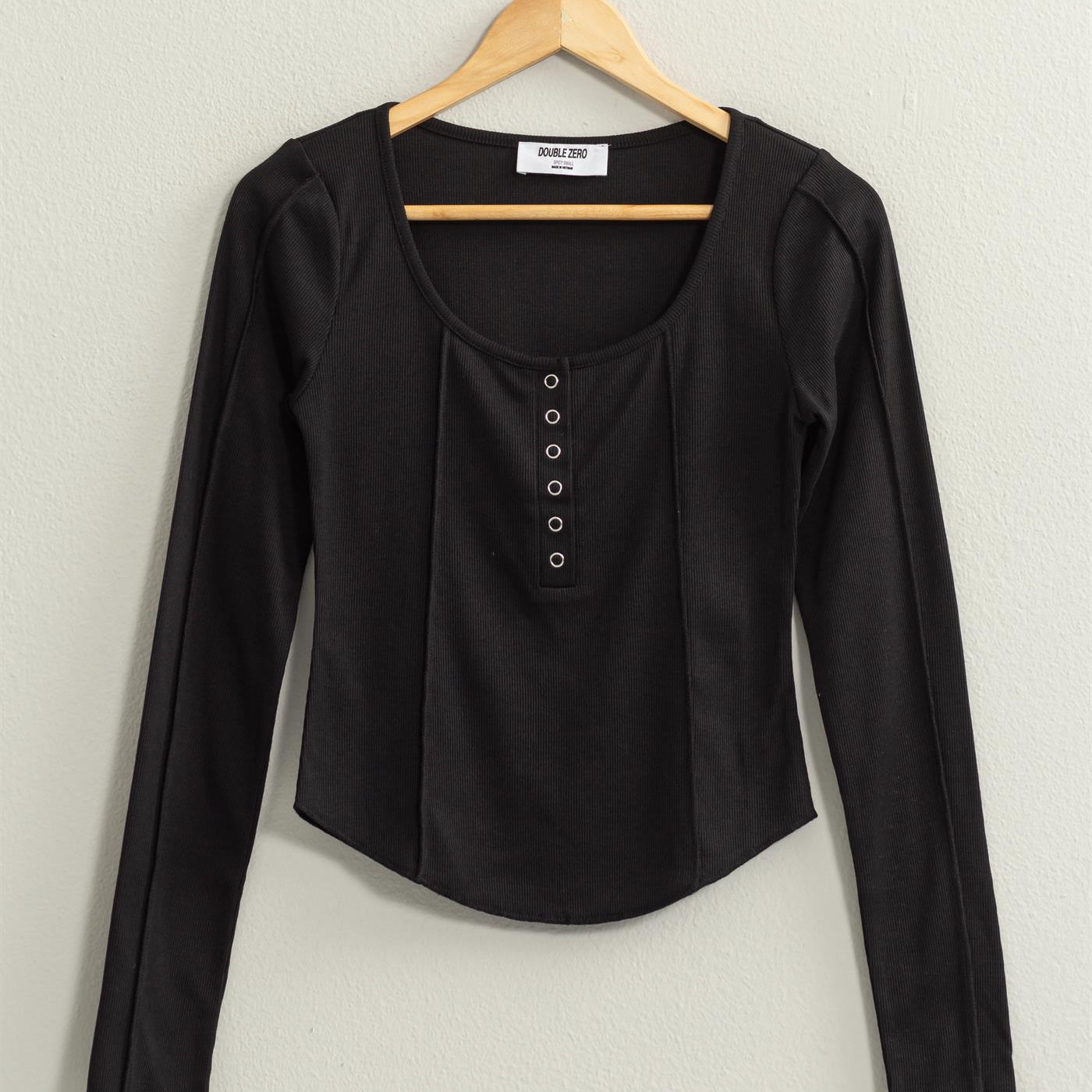 Wholesale Ribbed Long Sleeve Button Front Top Clothing Tops DZ25A025 BLACK DOUBLE ZERO