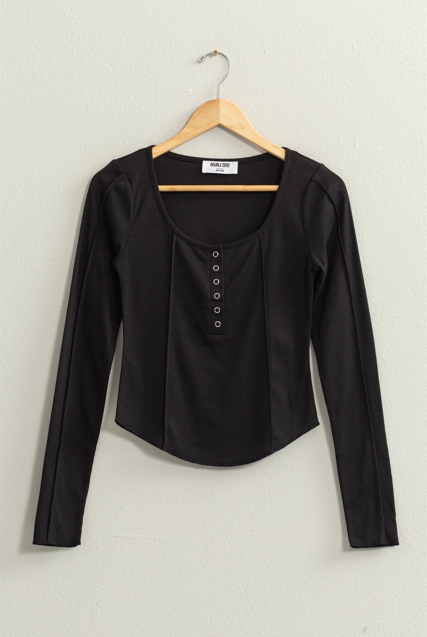 Wholesale Ribbed Long Sleeve Button Front Top Clothing Tops DZ25A025 BLACK DOUBLE ZERO