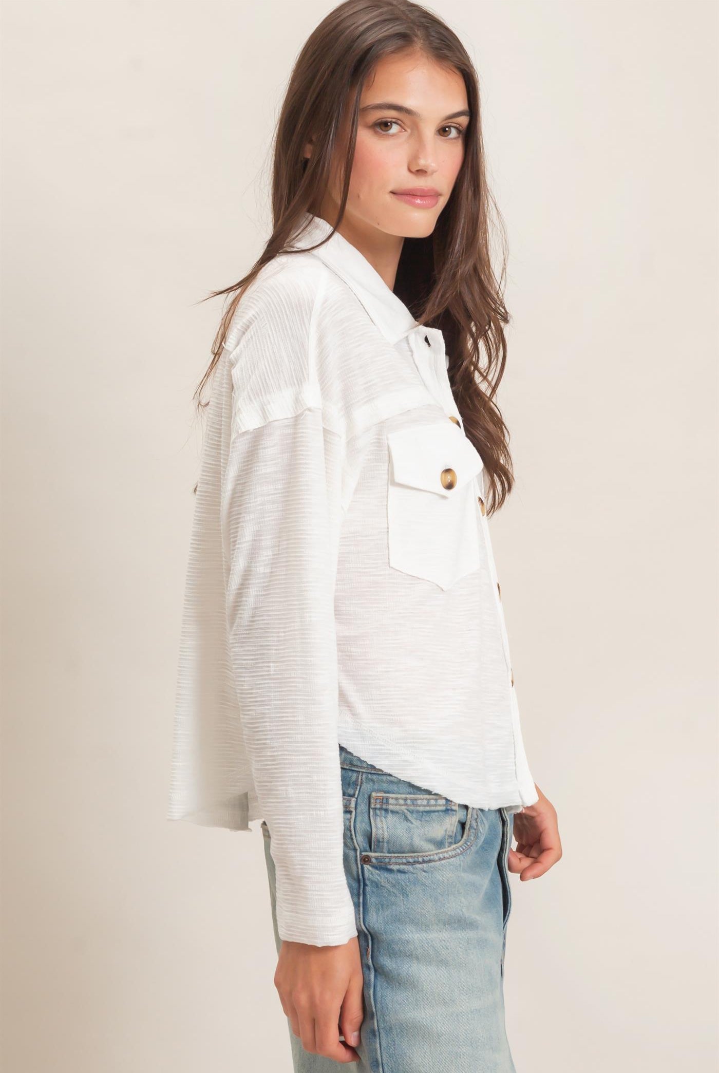 Wholesale Textured Button-Up Shirt Clothing Tops HF26C878 WHITE HYFVE