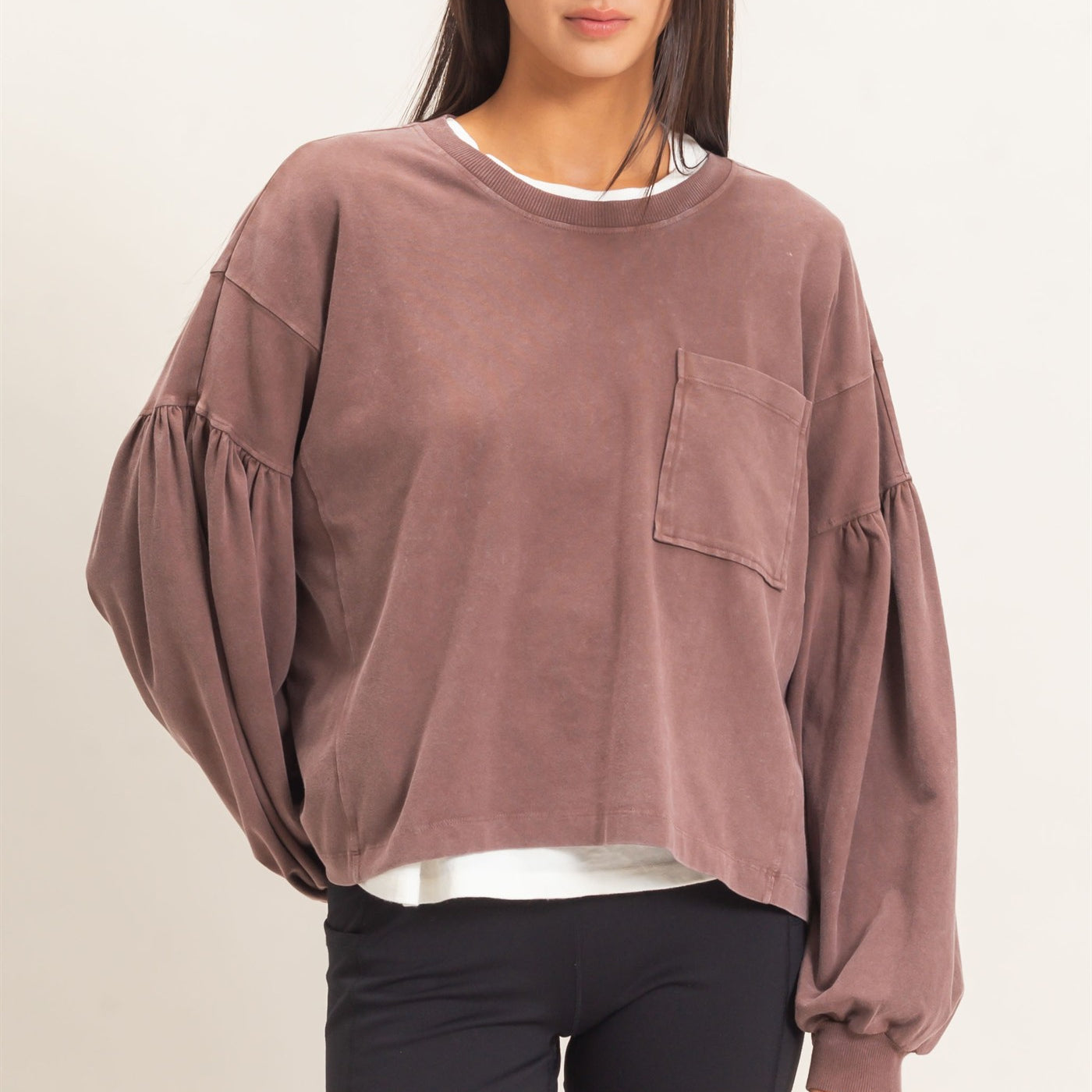 Wholesale Mineral Wash Puff Long Sleeve Boxy Top Clothing Tops DZ26F402 DARK BROWN DOUBLE ZERO