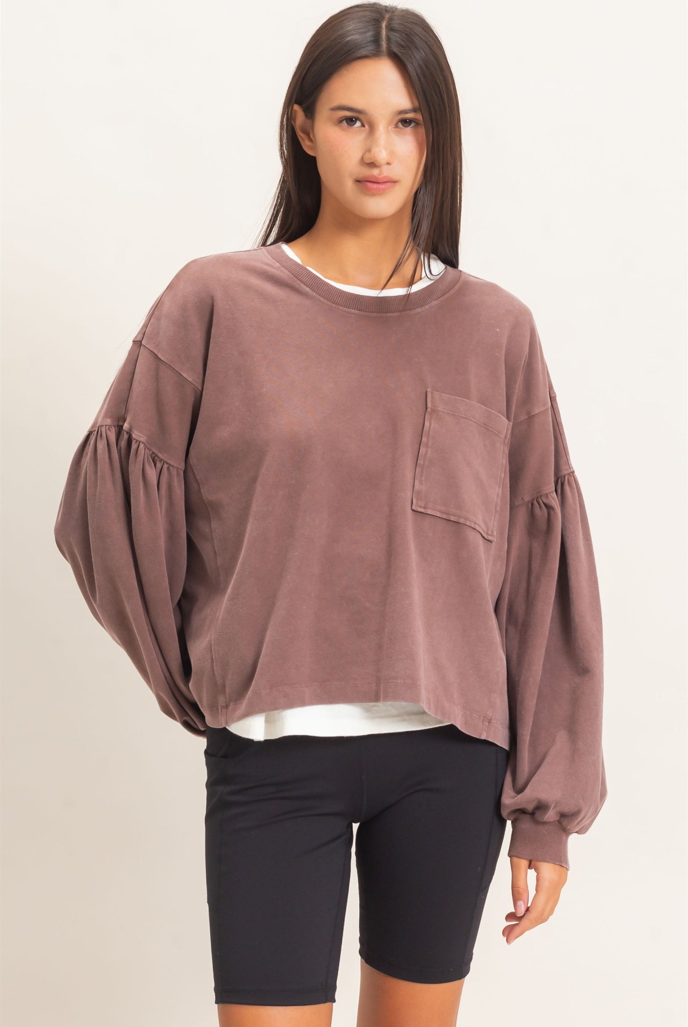 Wholesale Mineral Wash Puff Long Sleeve Boxy Top Clothing Tops DZ26F402 DARK BROWN DOUBLE ZERO