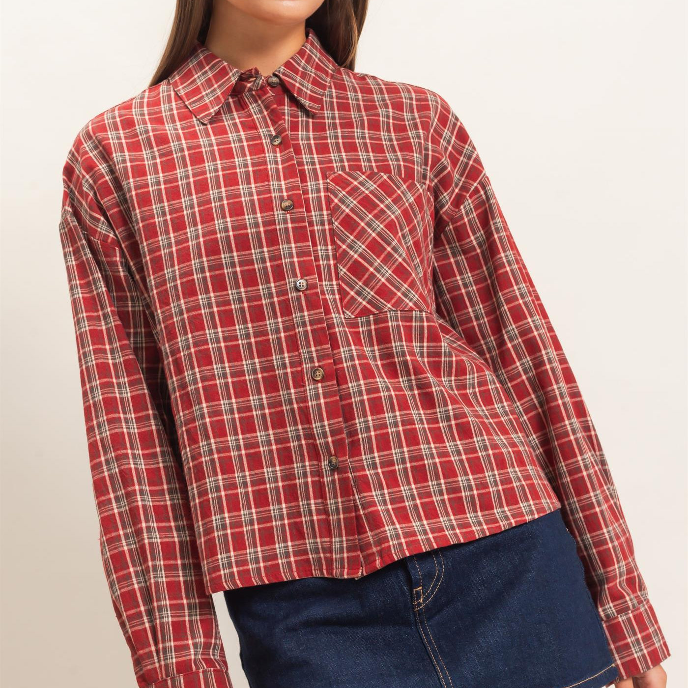 Wholesale Plaid Button-Up Shirt Clothing Tops DZ26E395 DARK RED DOUBLE ZERO