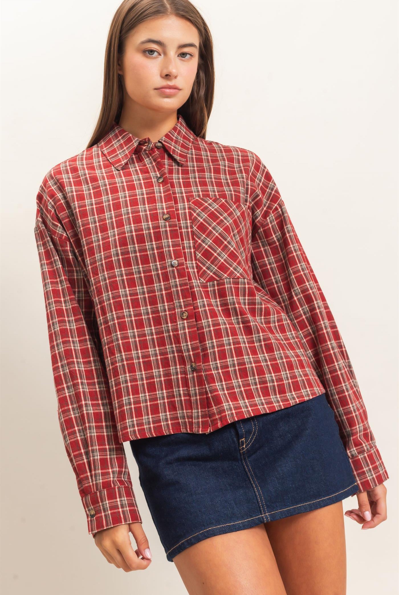 Wholesale Plaid Button-Up Shirt Clothing Tops DZ26E395 DARK RED DOUBLE ZERO