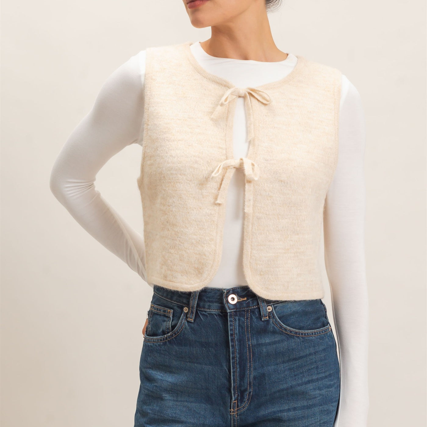 Wholesale Sweater Vest With Front Ties Sweaters HF26E140 OATMEAL HYFVE
