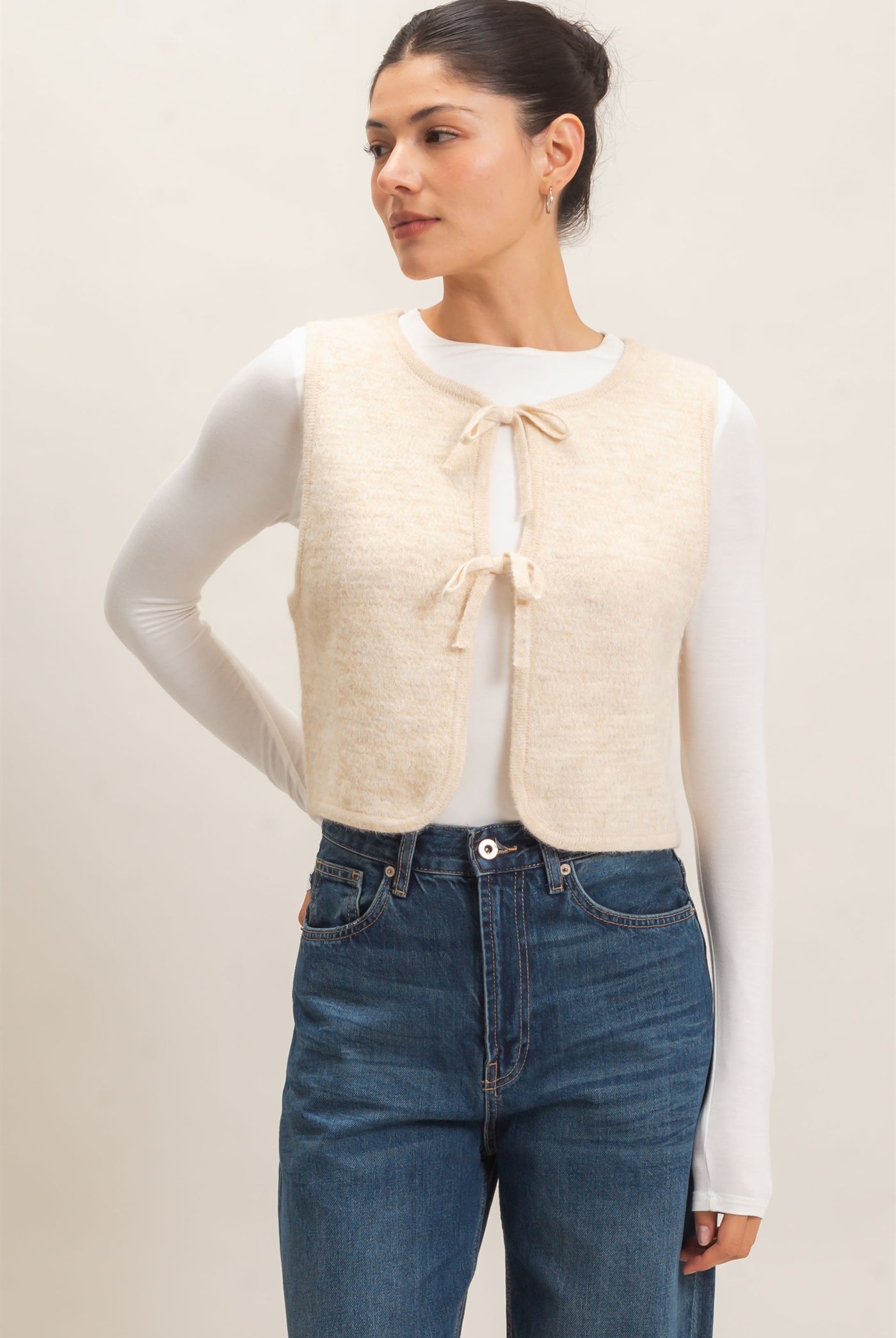 Wholesale Sweater Vest With Front Ties Sweaters HF26E140 OATMEAL HYFVE