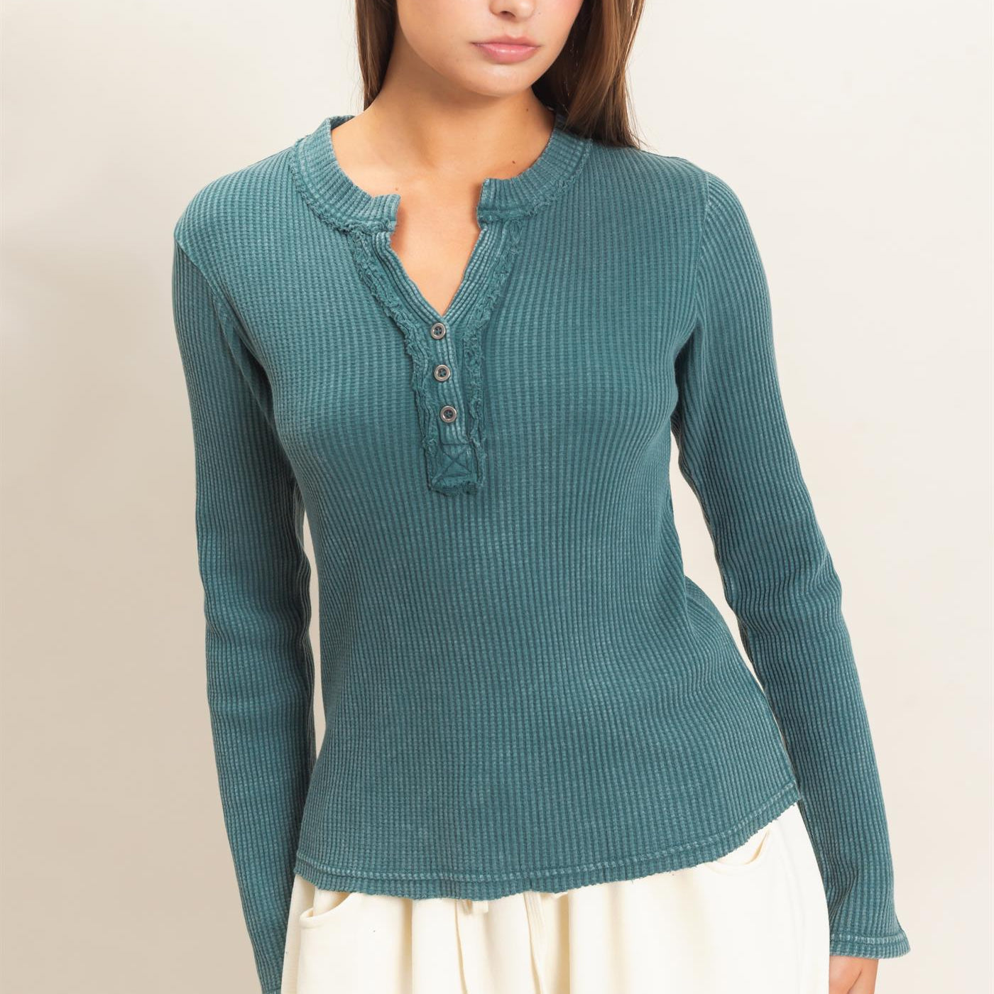 Wholesale Mineral Wash Waffle Henley Long Sleeve Top Clothing Tops DZ26E243 DARK TEAL DOUBLE ZERO