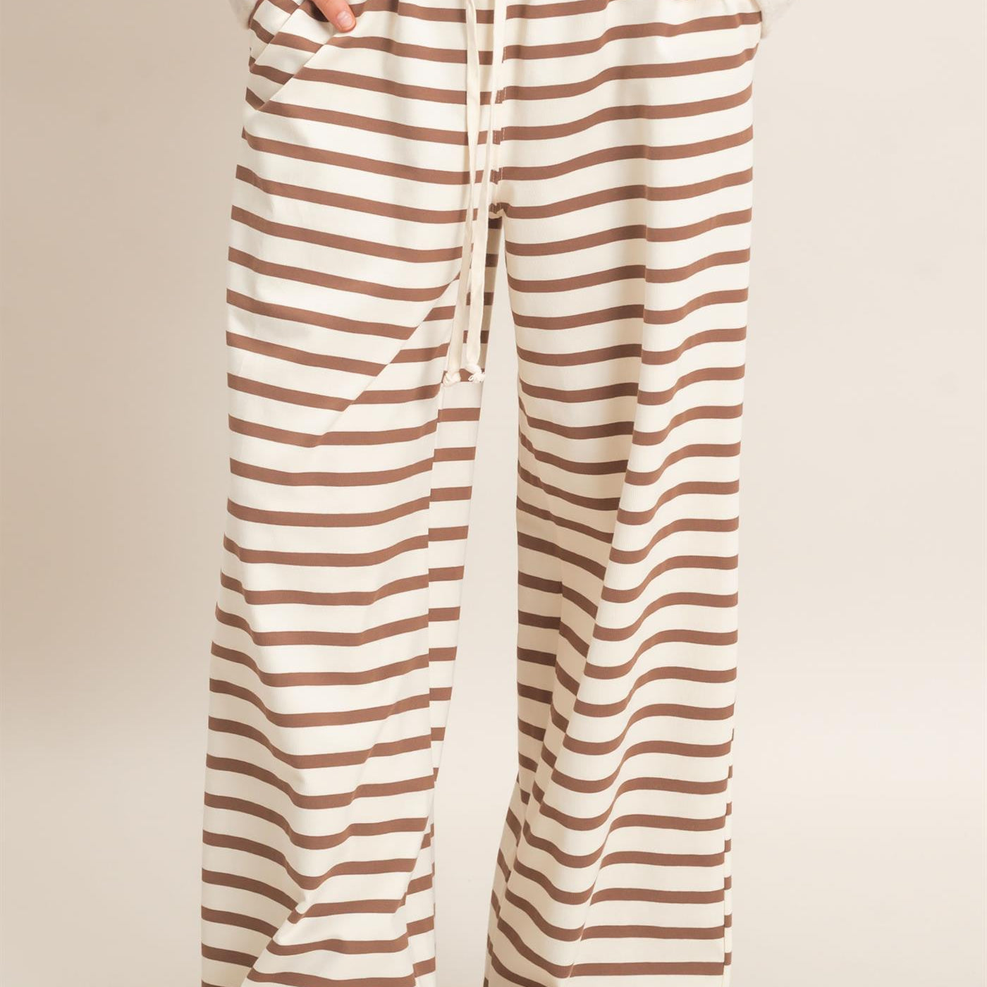 Wholesale Striped Wide-Leg Pants Pants HF26F229-D CREAM/ BROWN HYFVE
