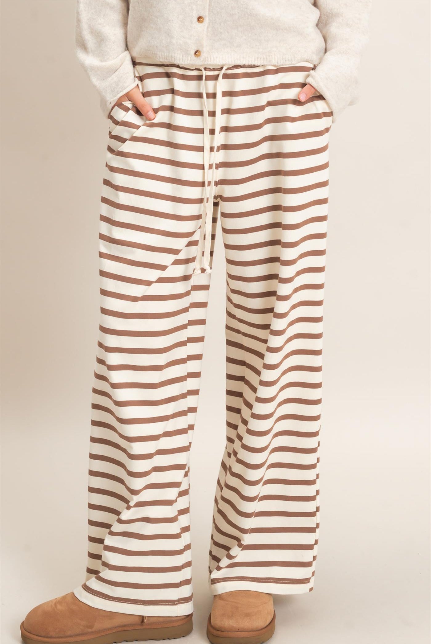 Wholesale Striped Wide-Leg Pants Pants HF26F229-D CREAM/ BROWN HYFVE