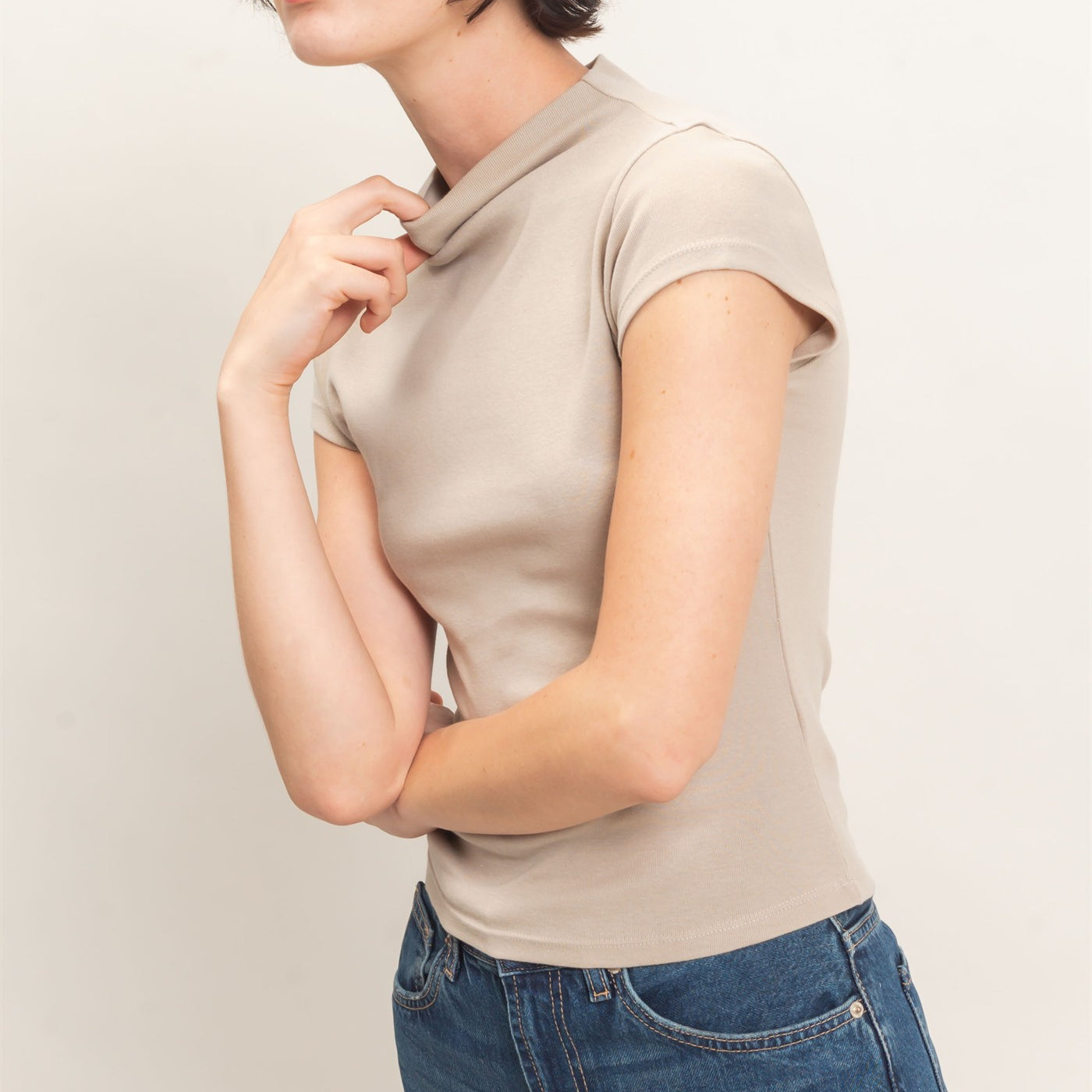 Wholesale Mock Neck Cap Sleeve Top Clothing Tops DZ26E323 WARM GRAY DOUBLE ZERO