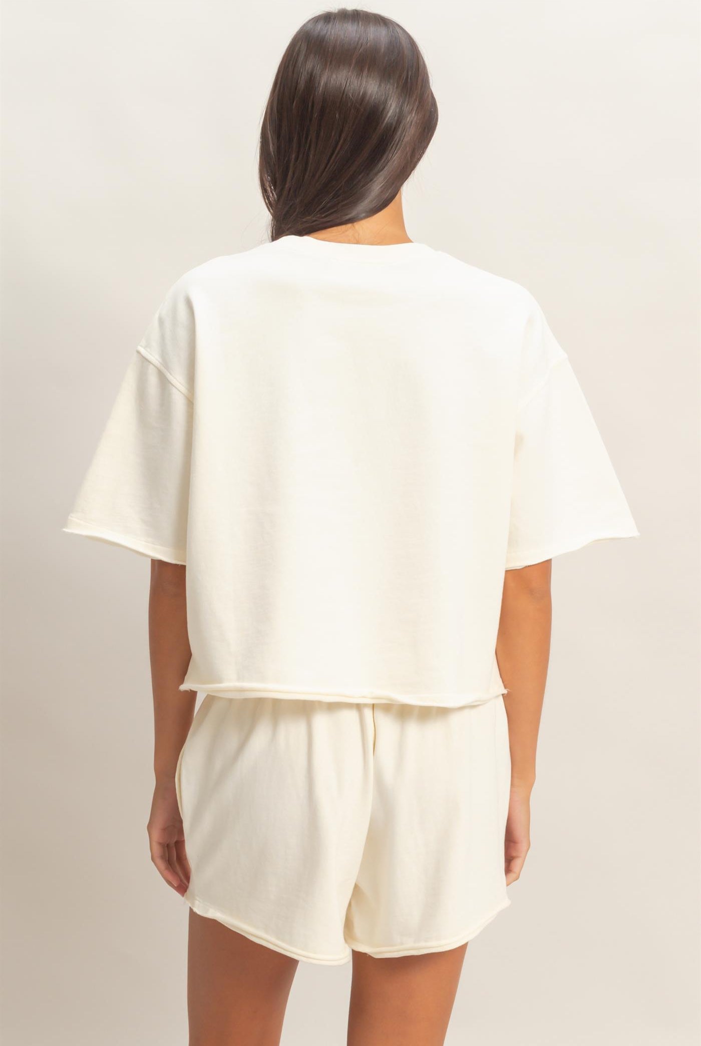 Wholesale Short Sleeve Crew Neck Top And Shorts Set Clothing DZ26C668-SET CREAM DOUBLE ZERO