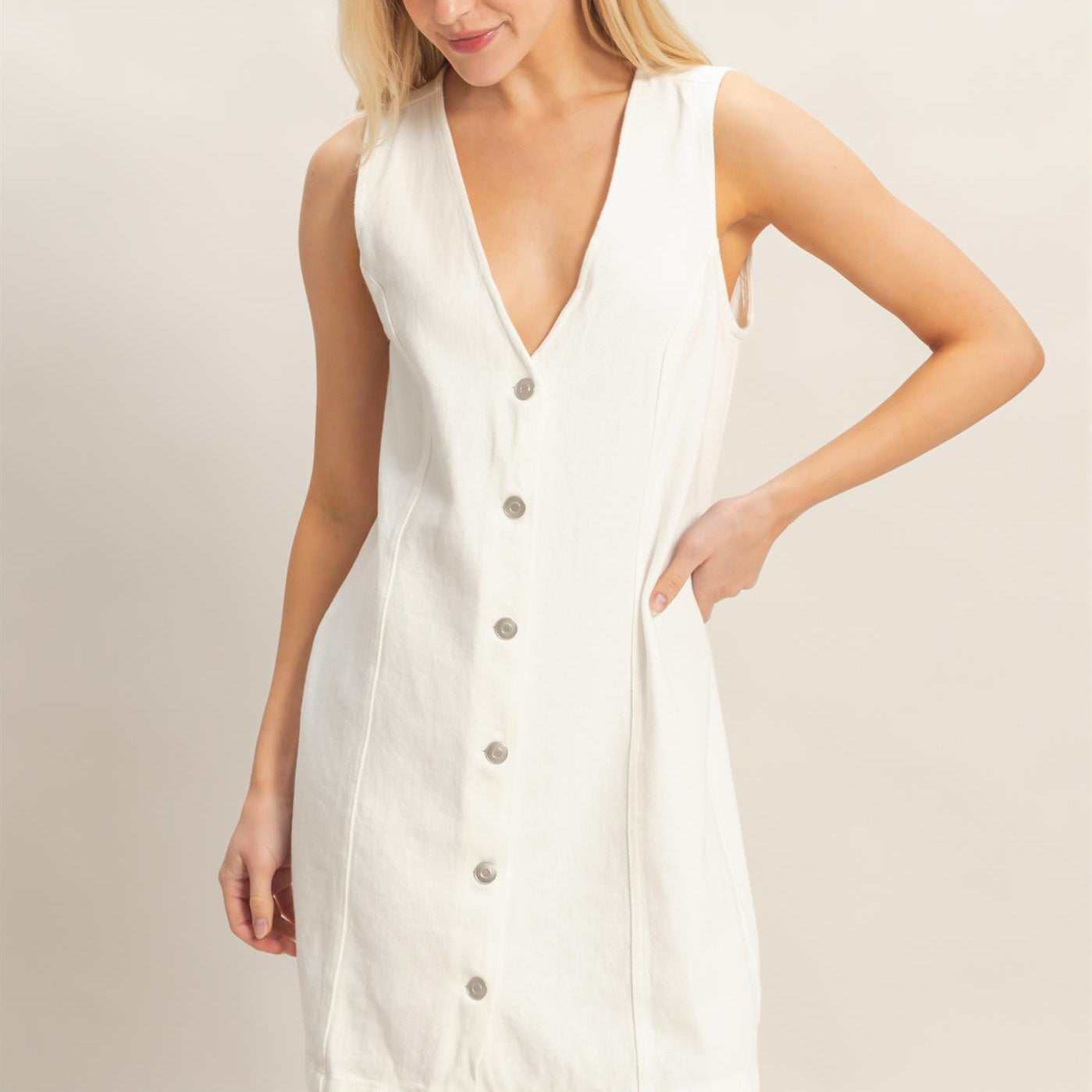 Wholesale V-Neck Button-Front Denim Dress Dresses HF26A273-D WHITE DENIM HYFVE