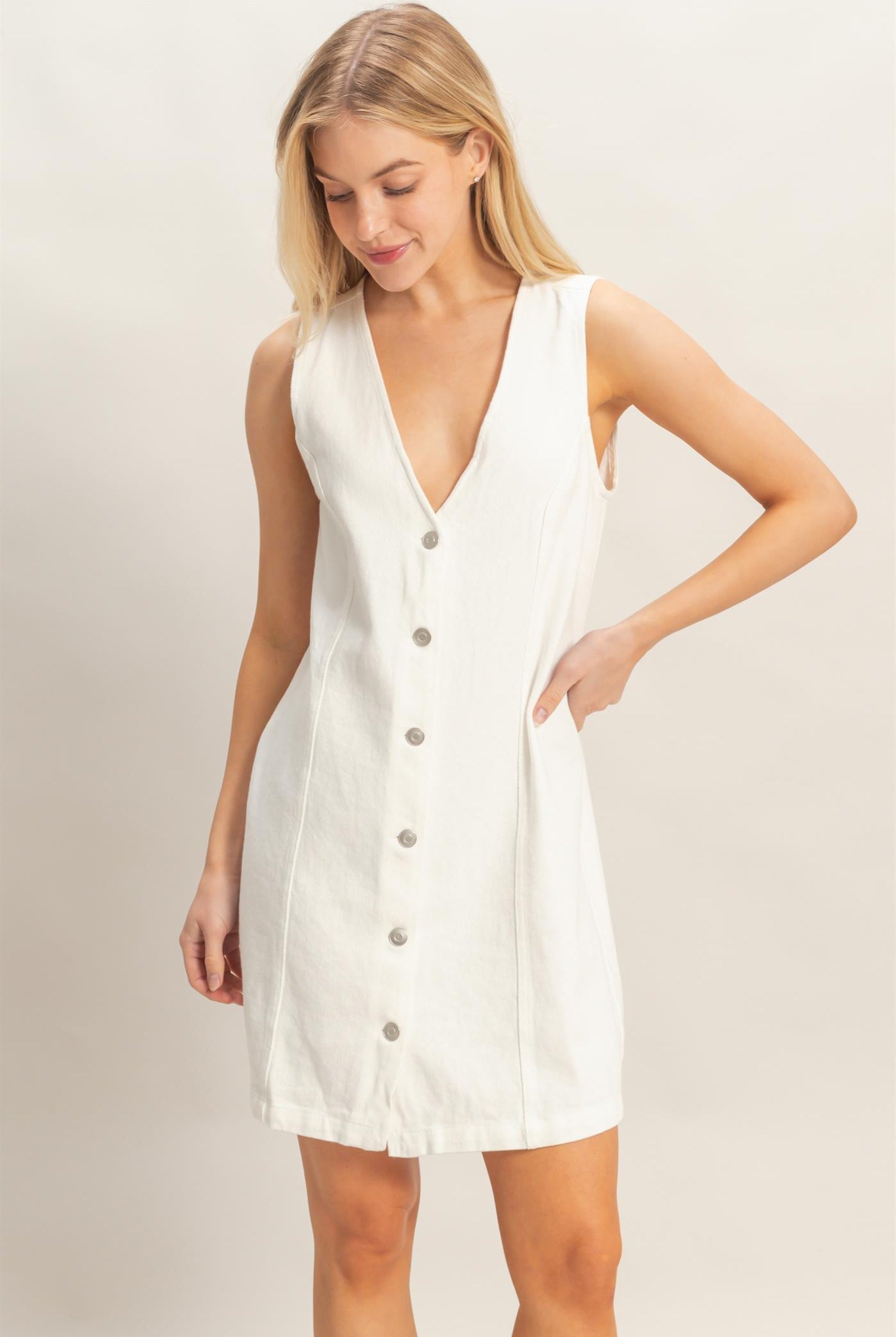 Wholesale V-Neck Button-Front Denim Dress Dresses HF26A273-D WHITE DENIM HYFVE
