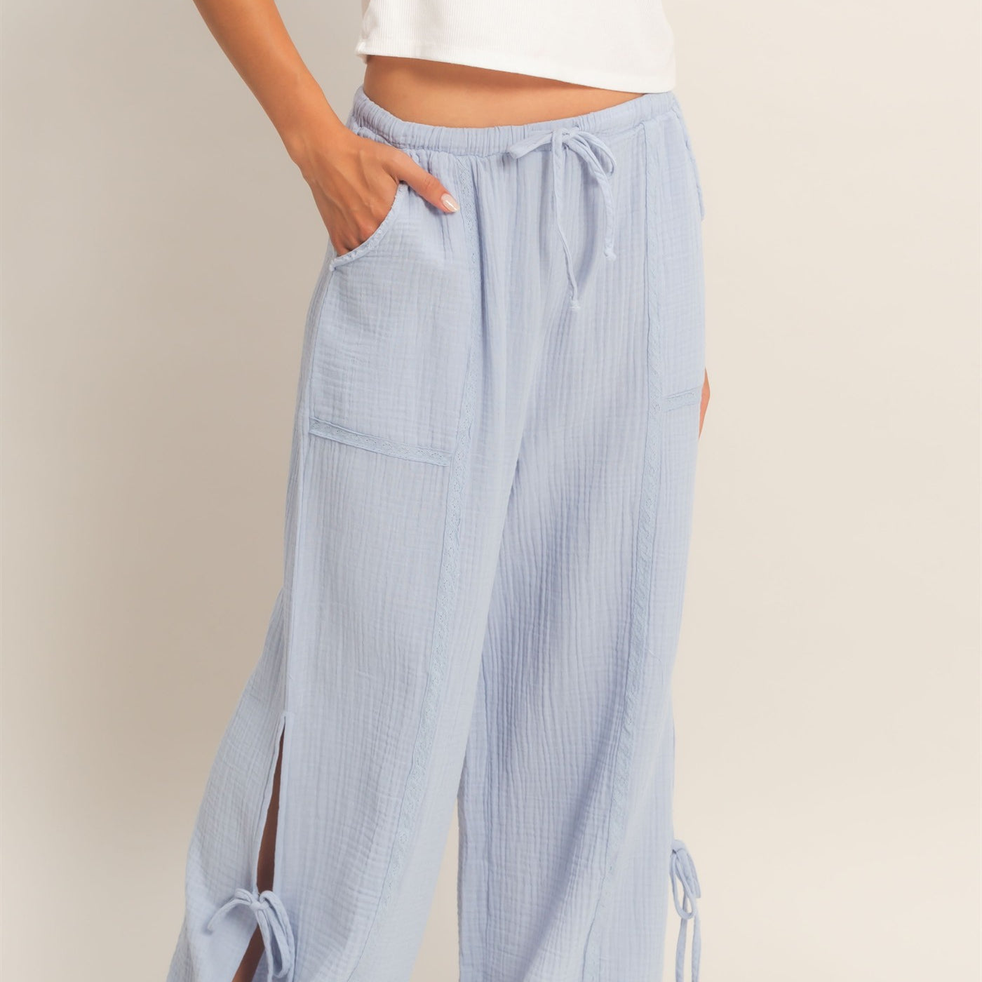 Wholesale Gauze Drawstring Jogger Pants Joggers HF26A822 DUSTY BLUE HYFVE