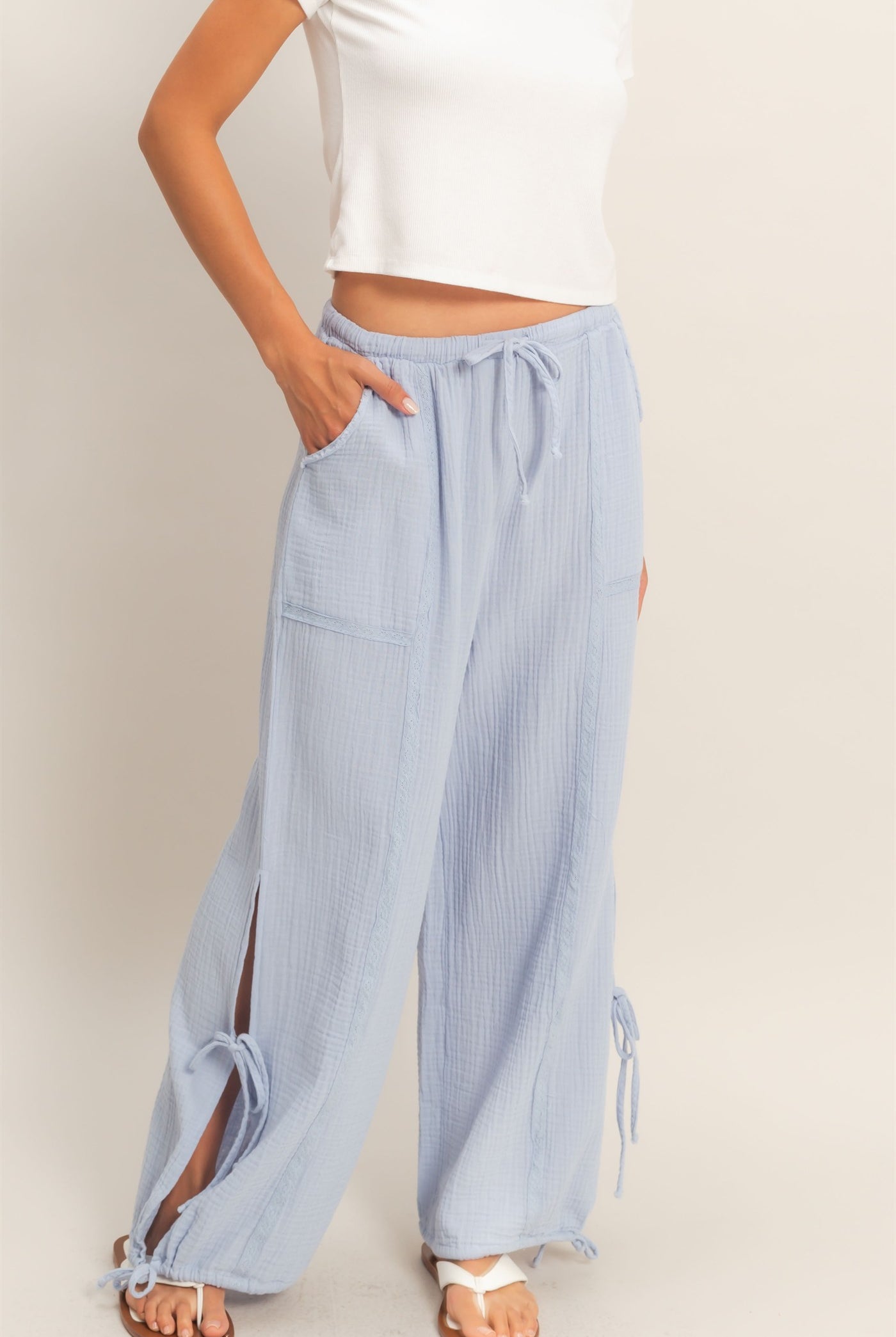 Wholesale Gauze Drawstring Jogger Pants Joggers HF26A822 DUSTY BLUE HYFVE