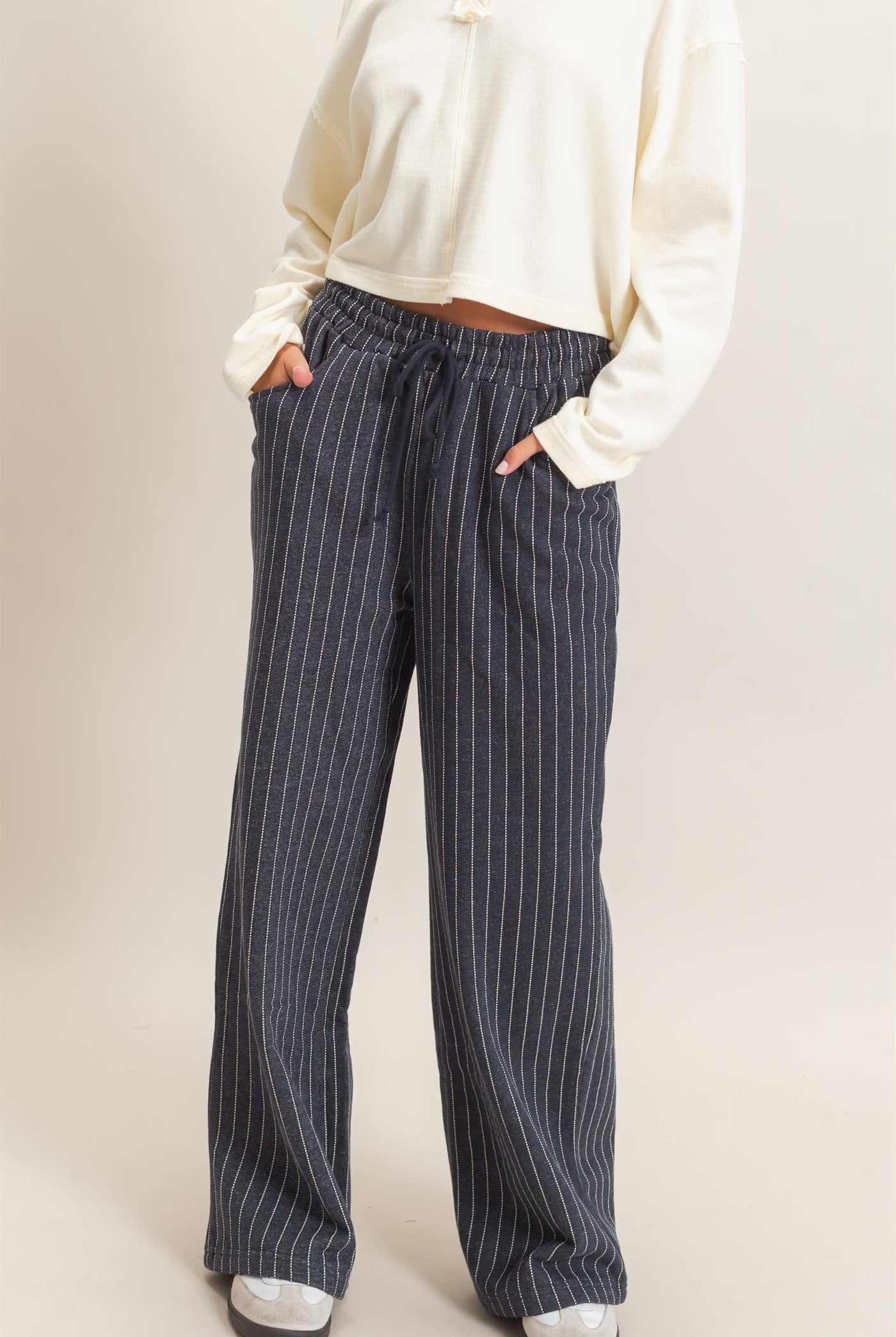 Wholesale Pinstripe Elastic Waist Sweatpants Pants DZ26A813 NAVY DOUBLE ZERO