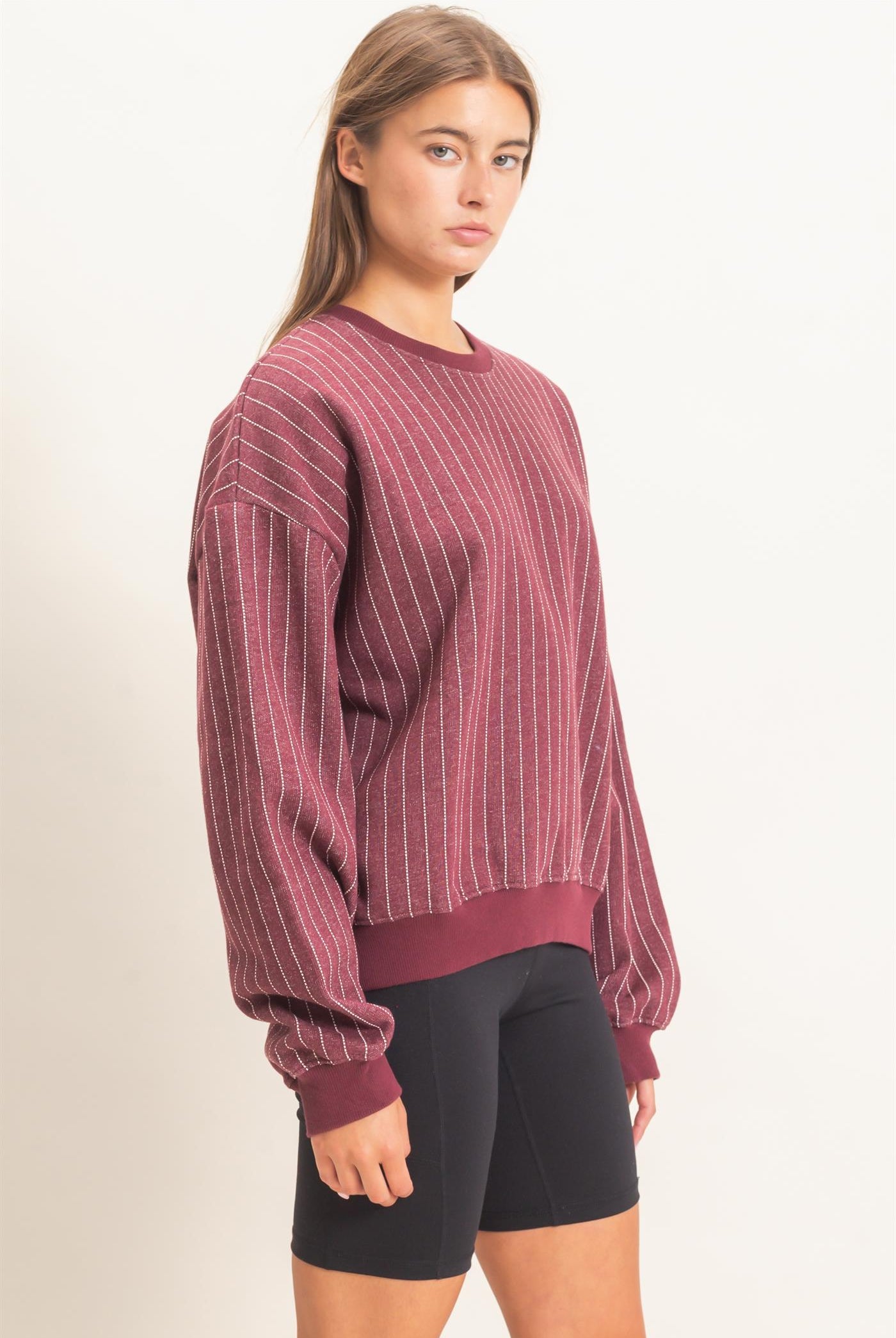 Wholesale Pinstripe Crew Neck Sweatshirt Sweatshirts DZ26E627 DARK CHERRY DOUBLE ZERO