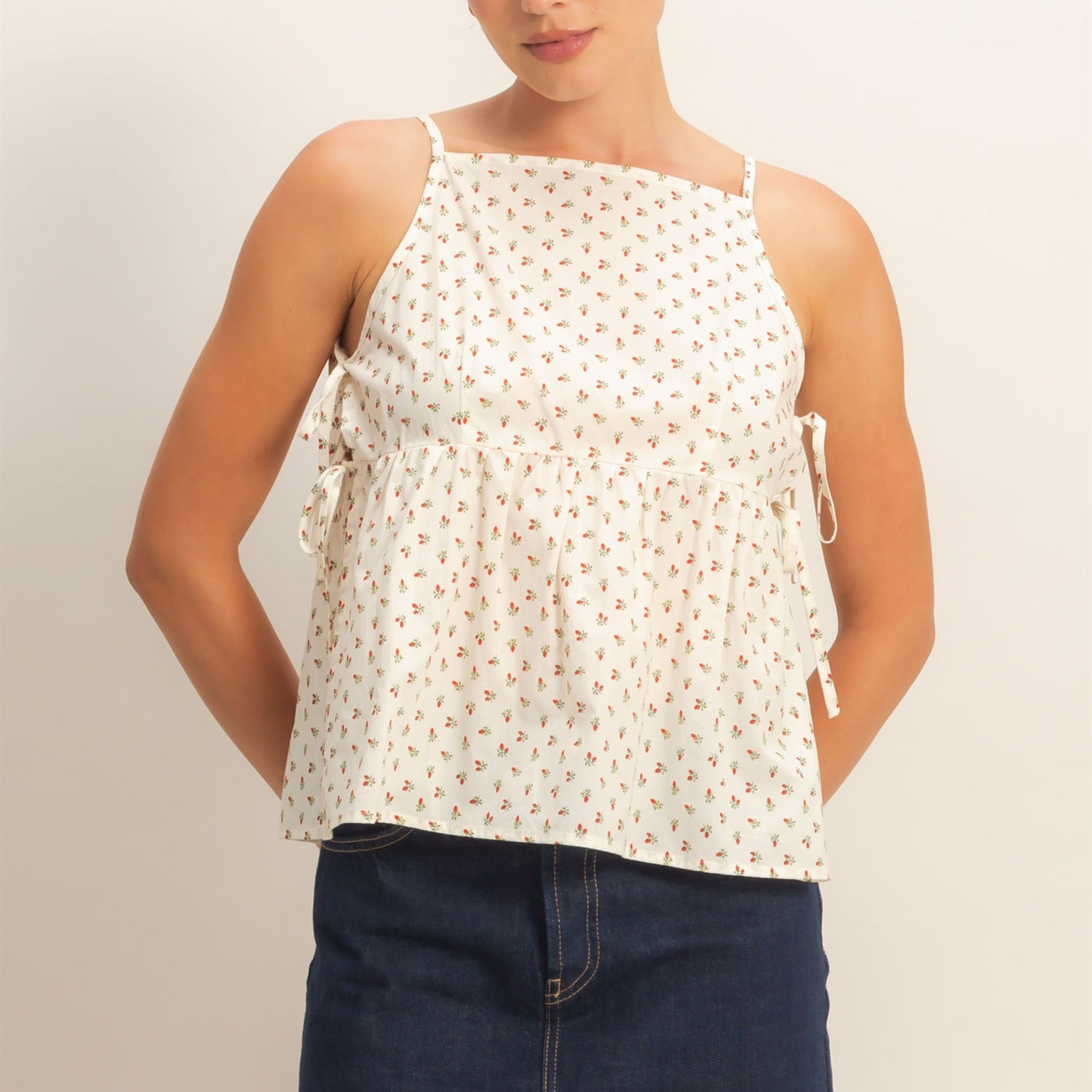 Wholesale Strawberry Print Tie-Side Cami Top Clothing Tops HF26C172 RED HYFVE