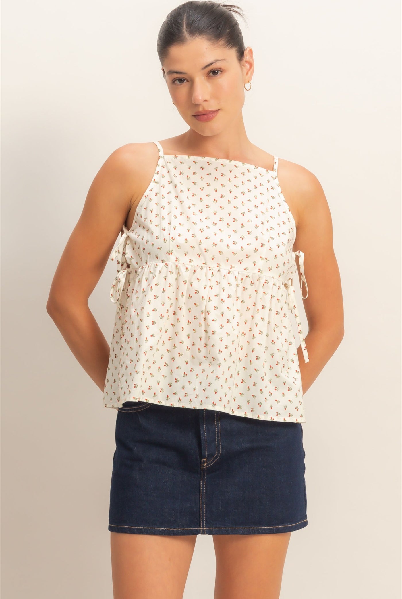 Wholesale Strawberry Print Tie-Side Cami Top Clothing Tops HF26C172 RED HYFVE