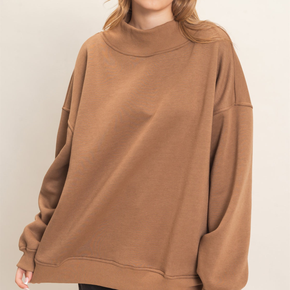 Wholesale Enzyme Washed Mock Neck Sweatshirt Sweatshirts HF26E222 DARK TAUPE HYFVE