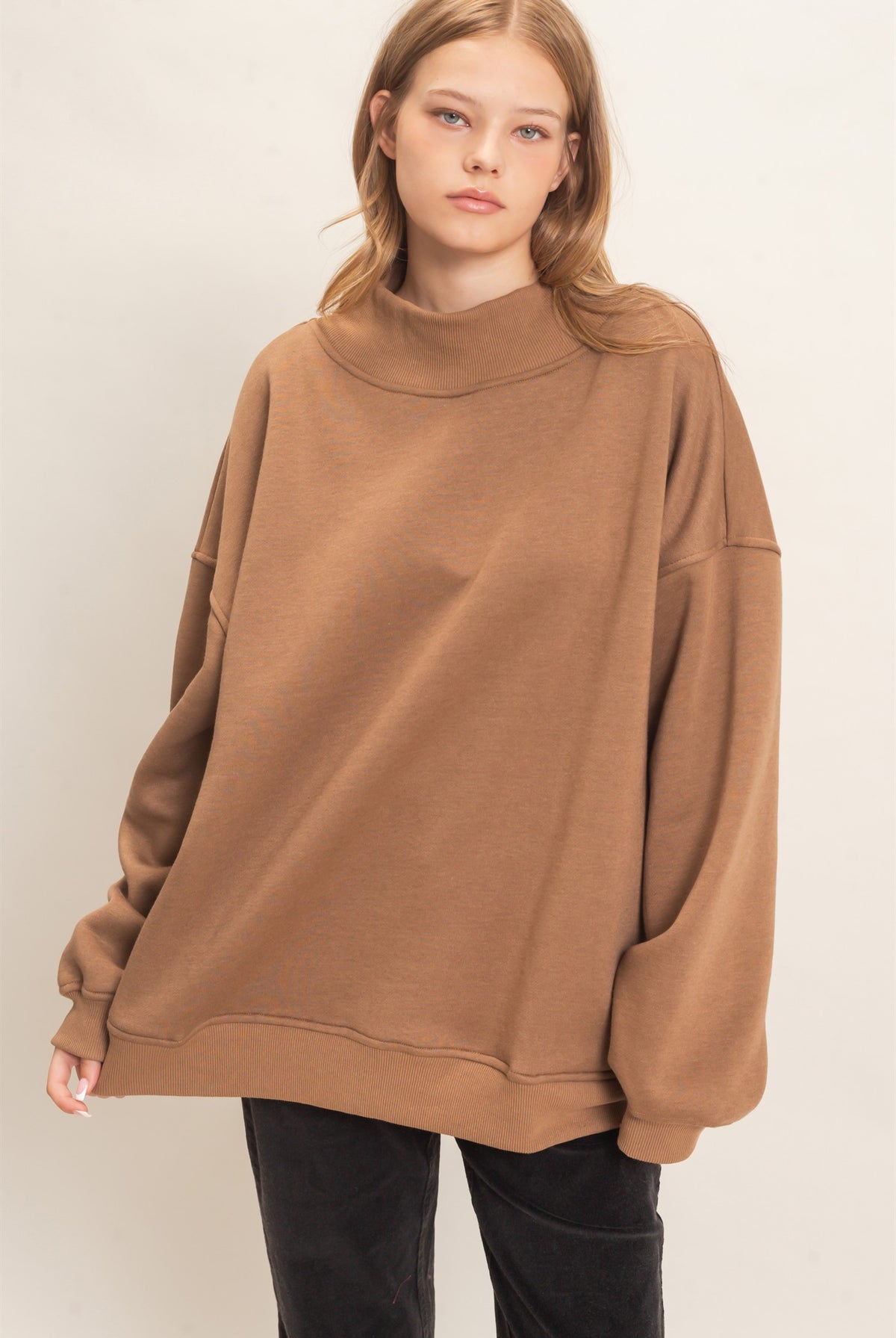 Wholesale Enzyme Washed Mock Neck Sweatshirt Sweatshirts HF26E222 DARK TAUPE HYFVE
